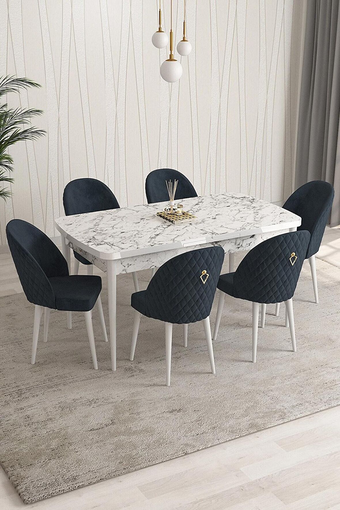 Rovena Arjeta Beyaz Mermer 80x132 Açılabilir Mdf Mutfak Masası Takımı 6 Adet Sandalye