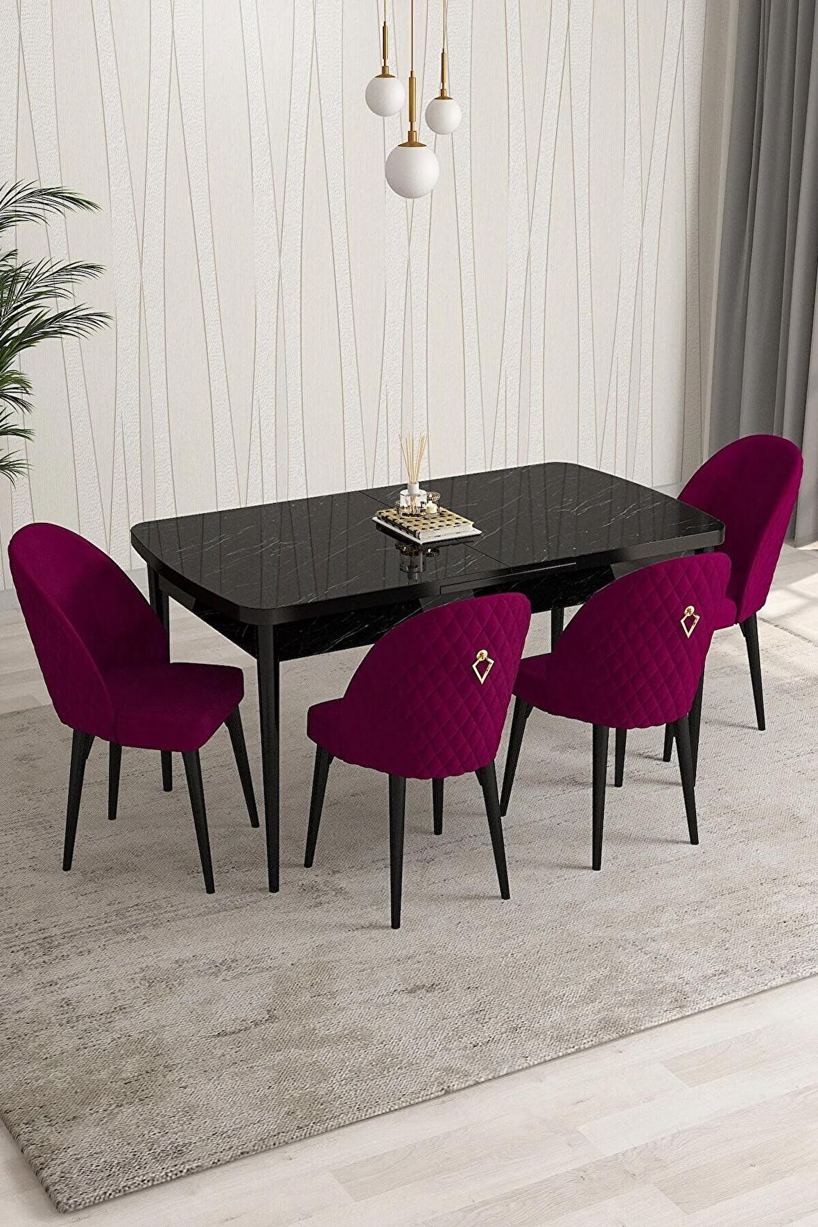 Rovena Arjeta Siyah Mermer 80x132 Açılabilir Mdf Mutfak Masası Takımı 4 Adet Sandalye