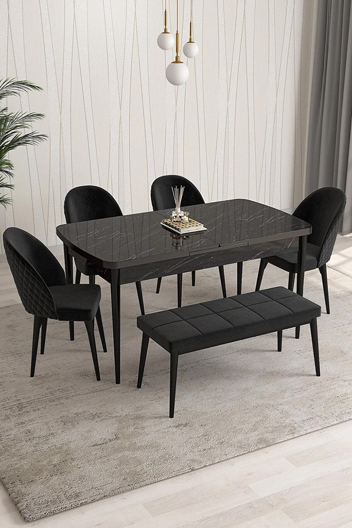 Rovena Arjeta Siyah Mermer 80x132 Açılabilir Mdf Mutfak Masası Takımı 4 Adet Sandalye+1 Bench