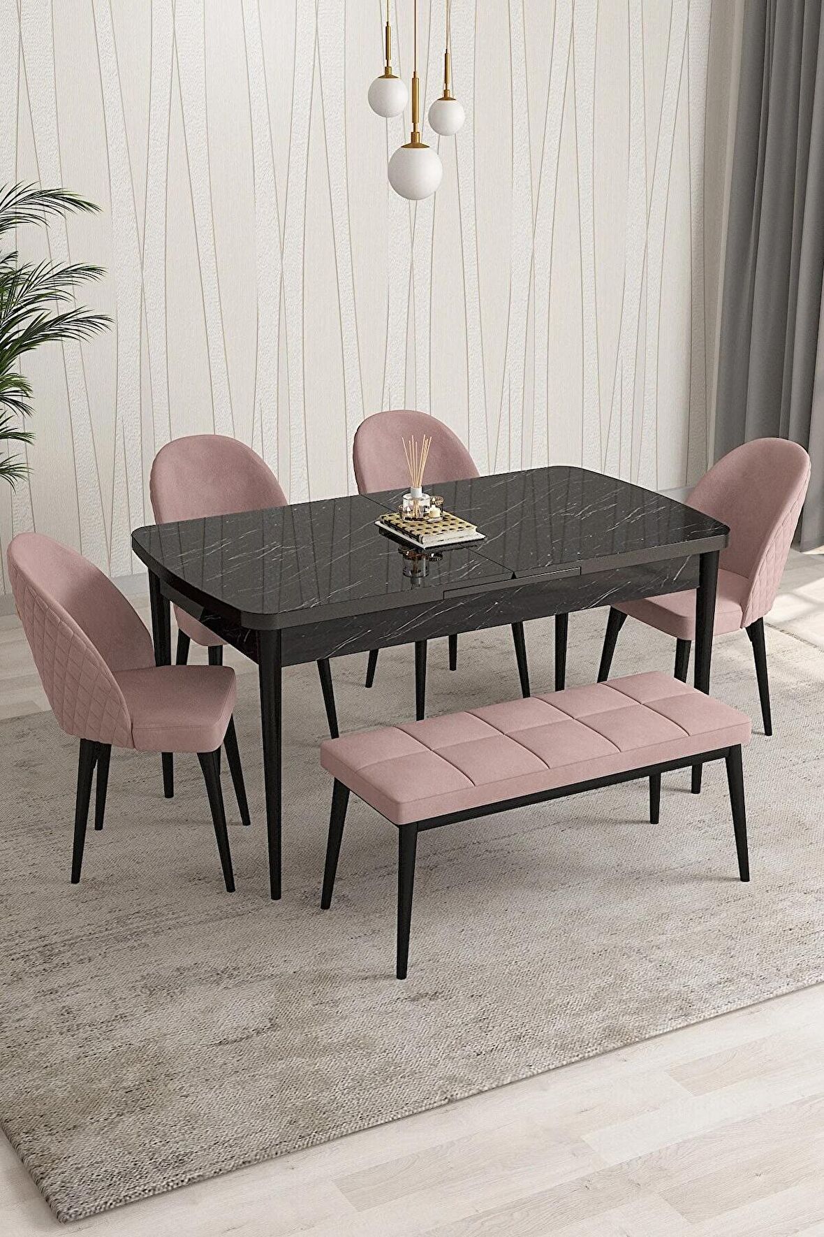 Rovena Arjeta Siyah Mermer 80x132 Açılabilir Mdf Mutfak Masası Takımı 4 Adet Sandalye+1 Bench