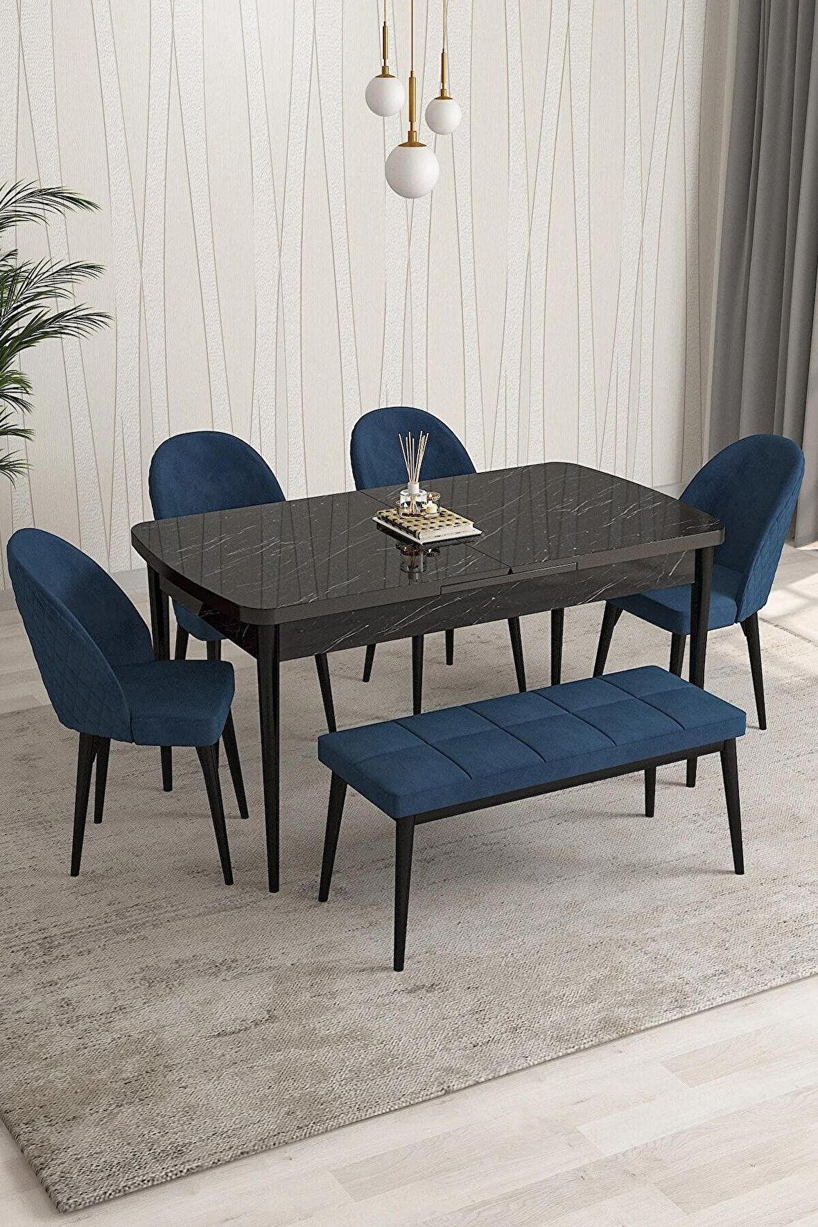 Rovena Arjeta Siyah Mermer 80x132 Açılabilir Mdf Mutfak Masası Takımı 4 Adet Sandalye+1 Bench