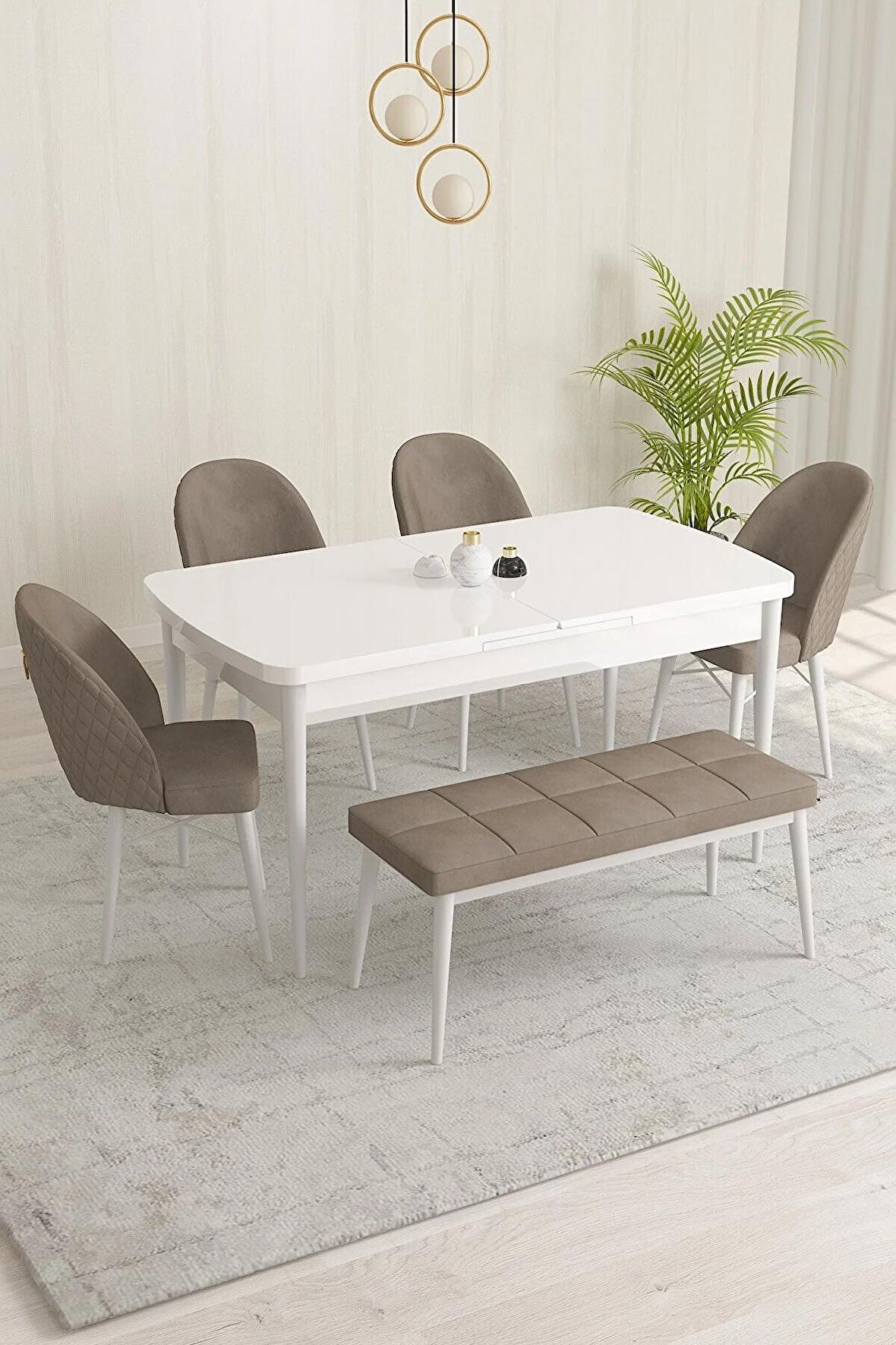 Rovena Marsilya Beyaz 80x132 Açılabilir Mdf Mutfak Masası Takımı 4 Adet Sandalye+1 Bench
