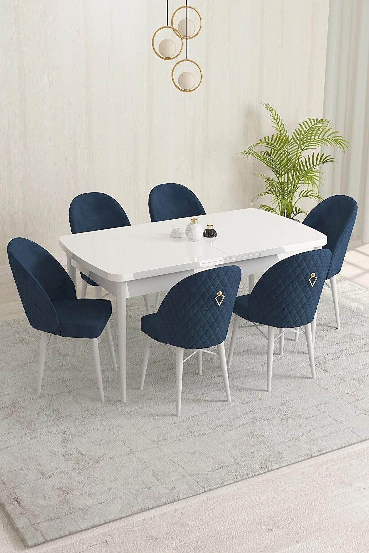 Rovena Marsilya Beyaz 80x132 Açılabilir Mdf Mutfak Masası Takımı 6 Adet Sandalye