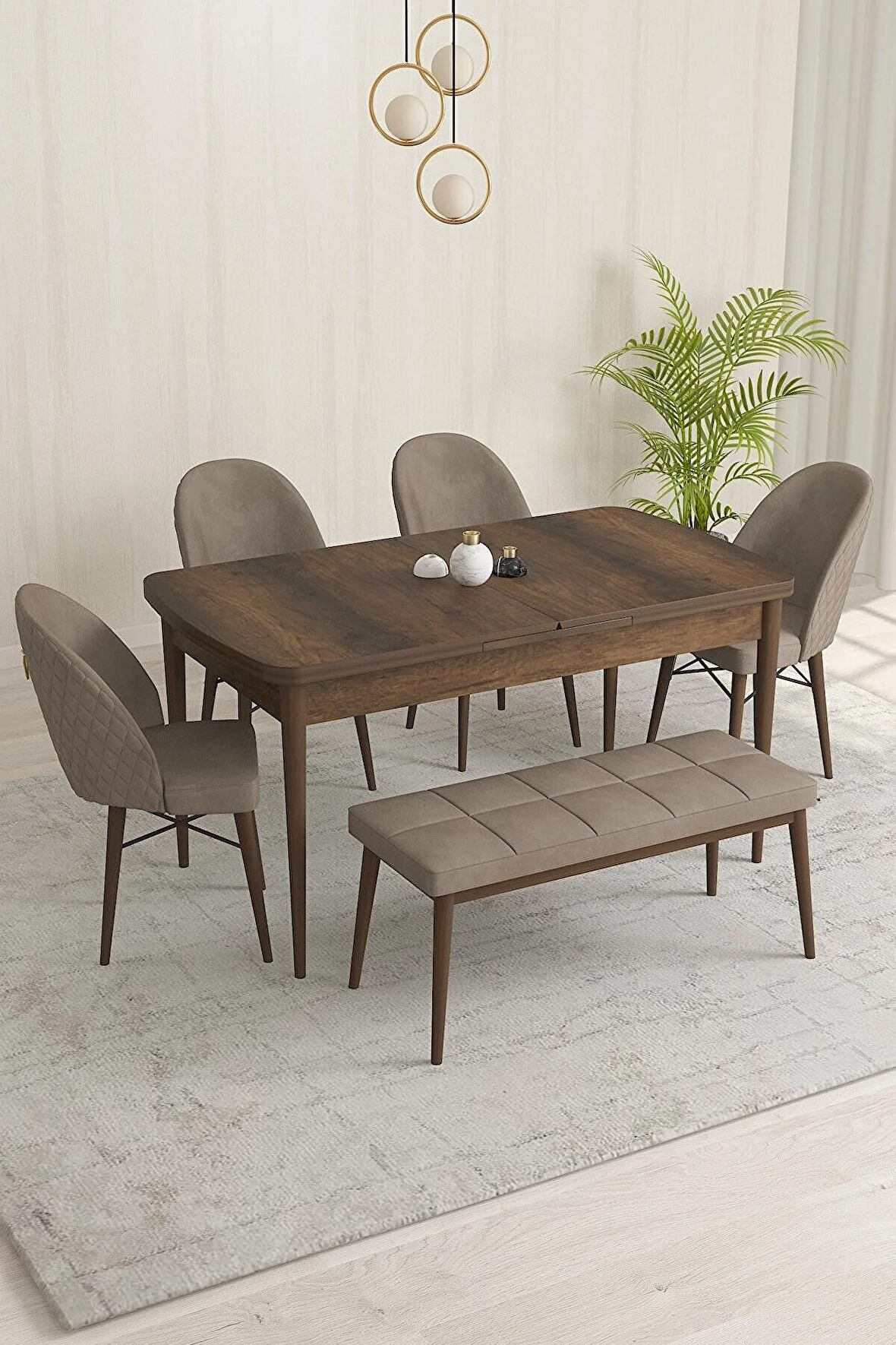 Rovena Marsilya Barok 80x132 Açılabilir Mdf Mutfak Masası Takımı 4 Adet Sandalye+1 Bench