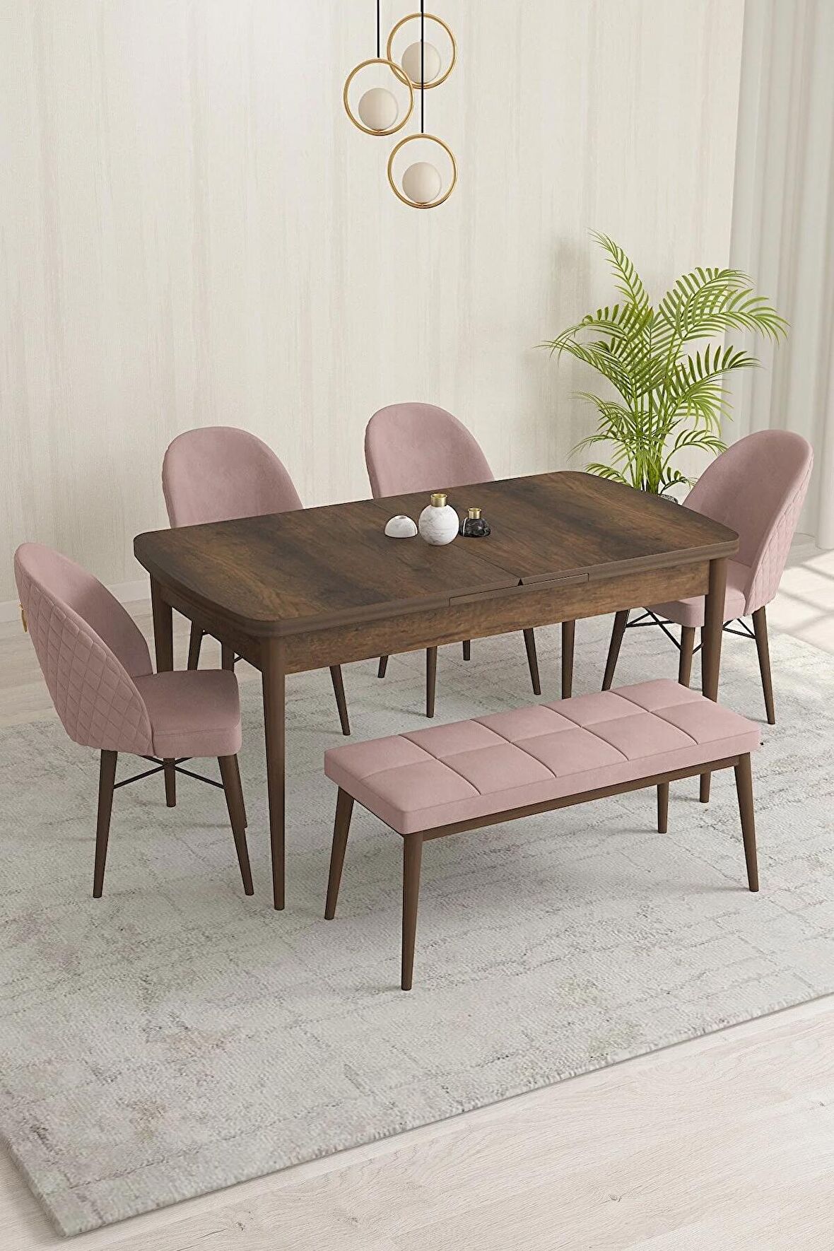 Rovena Marsilya Barok 80x132 Açılabilir Mdf Mutfak Masası Takımı 4 Adet Sandalye+1 Bench