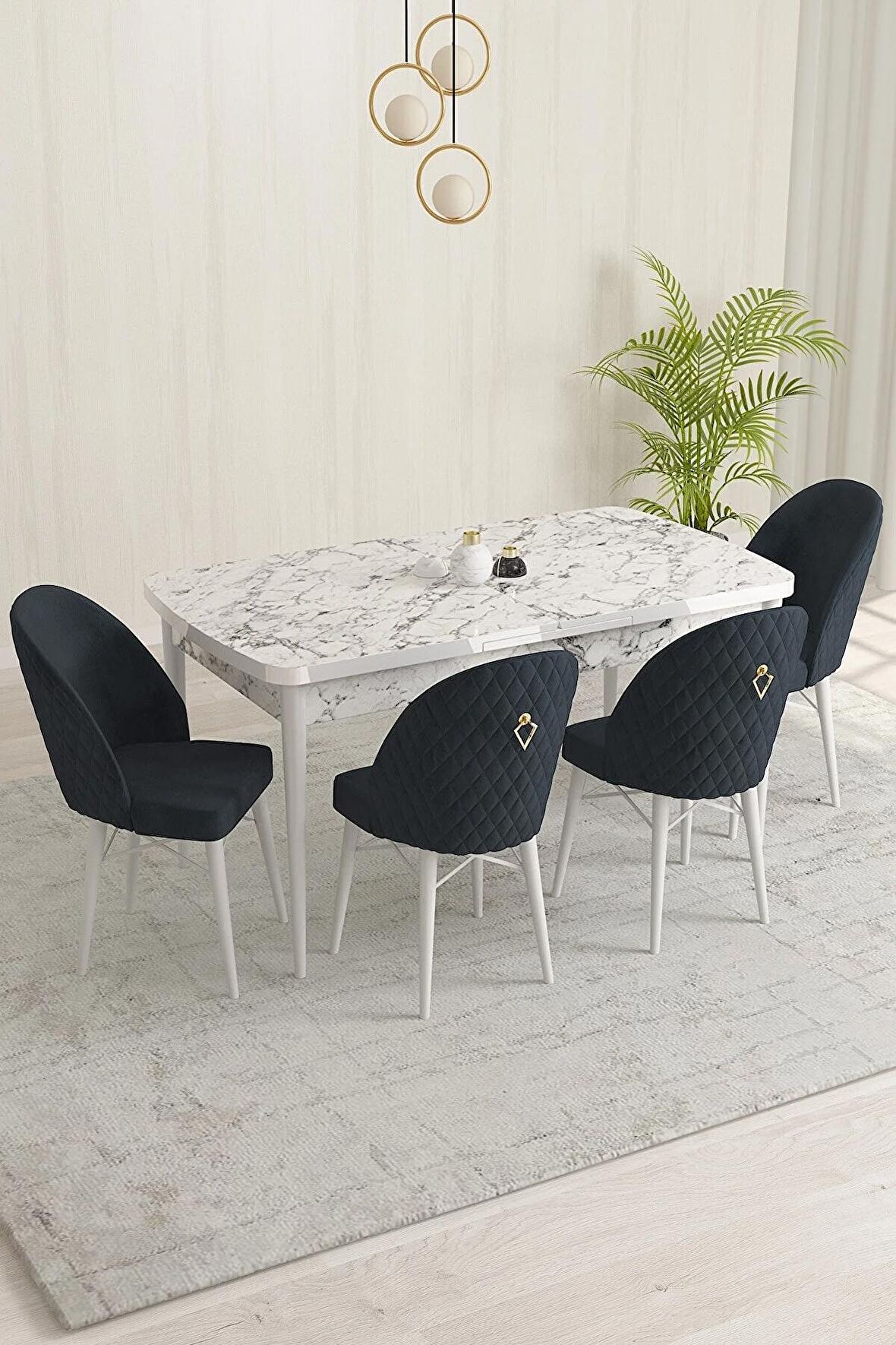 Rovena Marsilya Beyaz Mermer 80x132 Açılabilir Mdf Mutfak Masası Takımı 4 Adet Sandalye