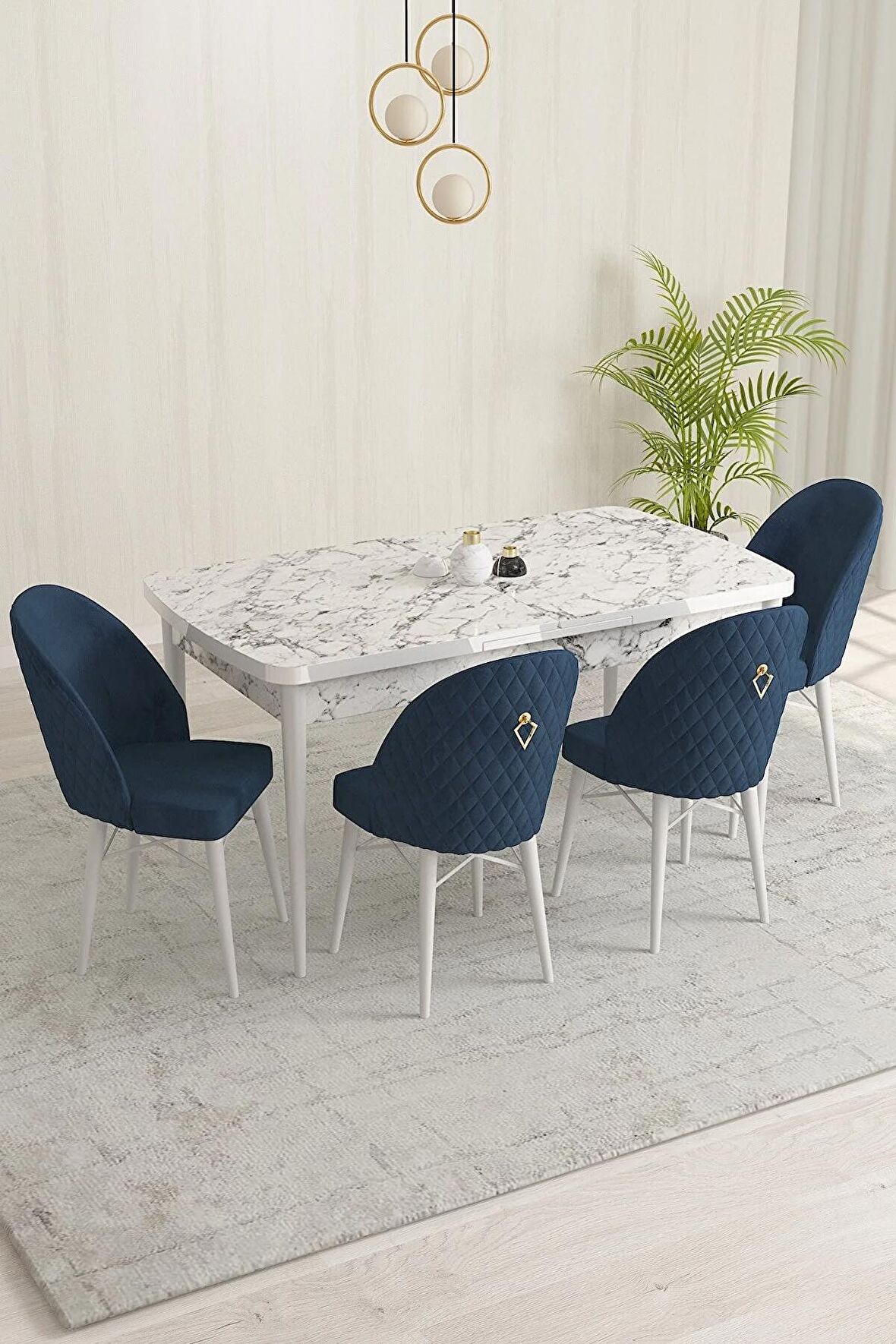 Rovena Marsilya Beyaz Mermer 80x132 Açılabilir Mdf Mutfak Masası Takımı 4 Adet Sandalye