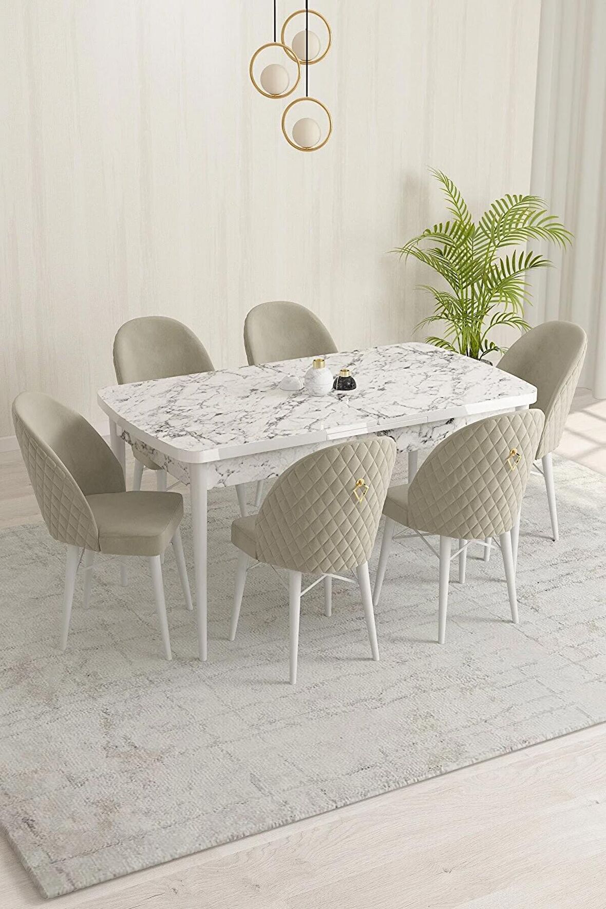 Rovena Marsilya Beyaz Mermer 80x132 Açılabilir Mdf Mutfak Masası Takımı 6 Adet Sandalye