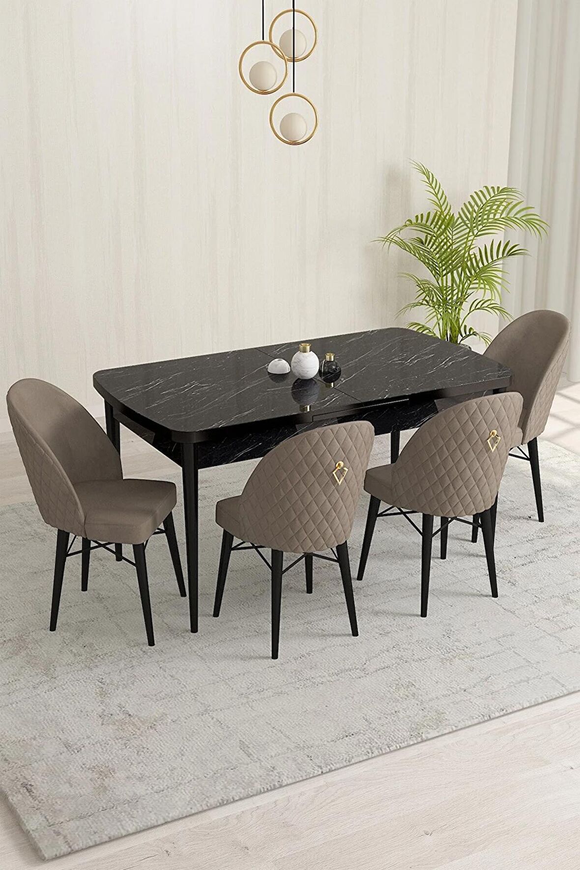 Rovena Marsilya Siyah Mermer 80x132 Açılabilir Mdf Mutfak Masası Takımı 4 Adet Sandalye