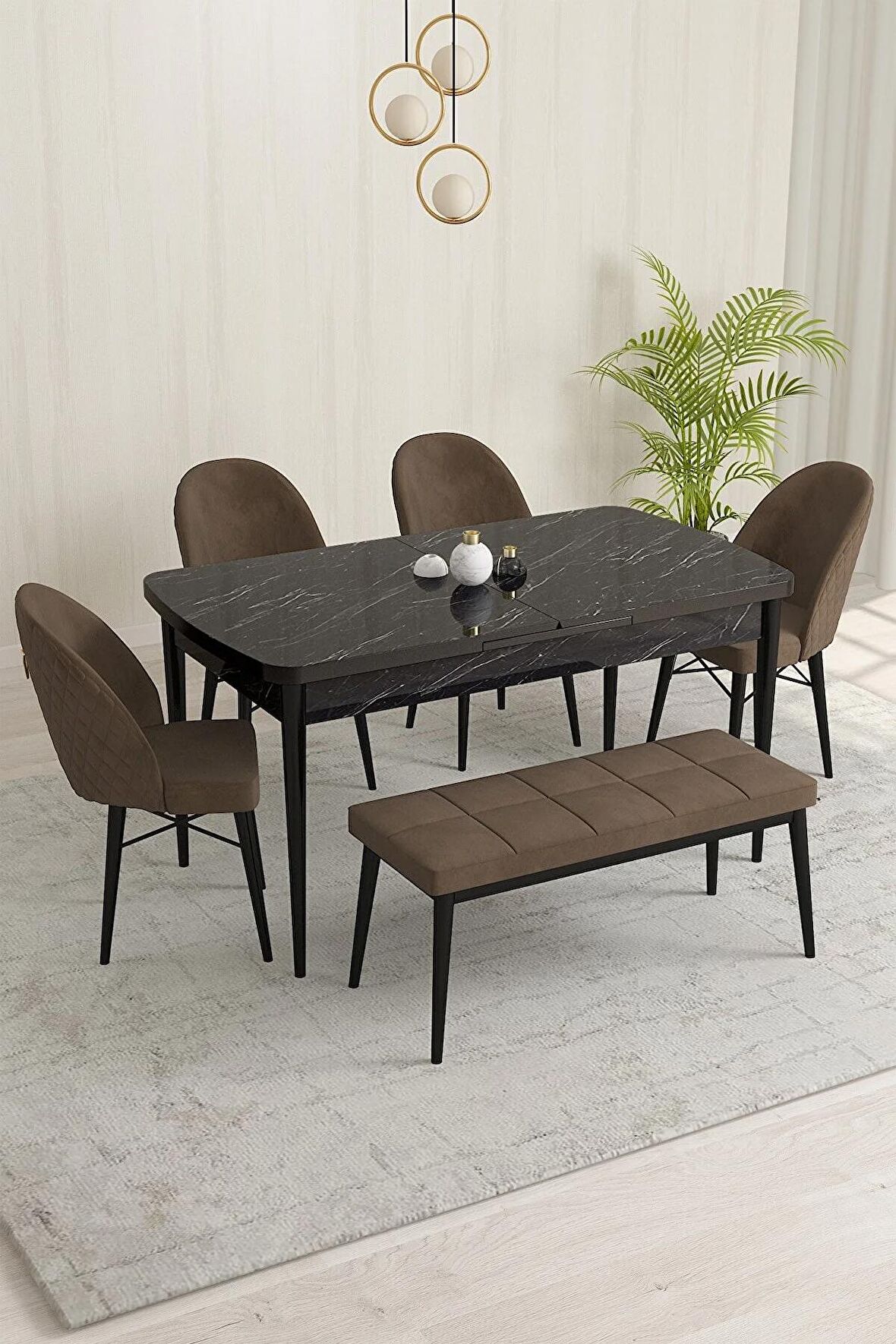 Rovena Marsilya Siyah Mermer 80x132 Açılabilir Mdf Mutfak Masası Takımı 4 Adet Sandalye+1 Bench
