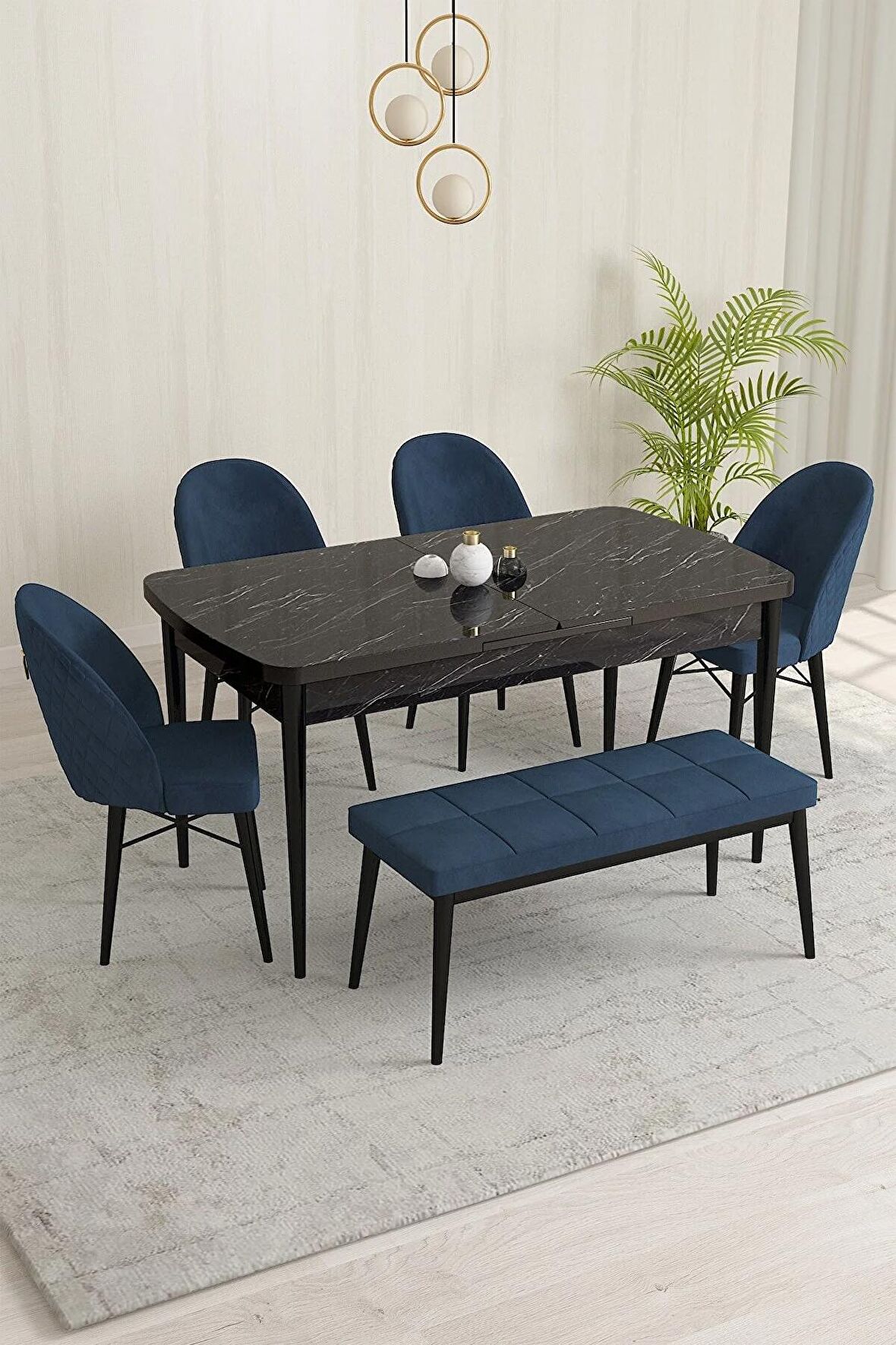 Rovena Marsilya Siyah Mermer 80x132 Açılabilir Mdf Mutfak Masası Takımı 4 Adet Sandalye+1 Bench