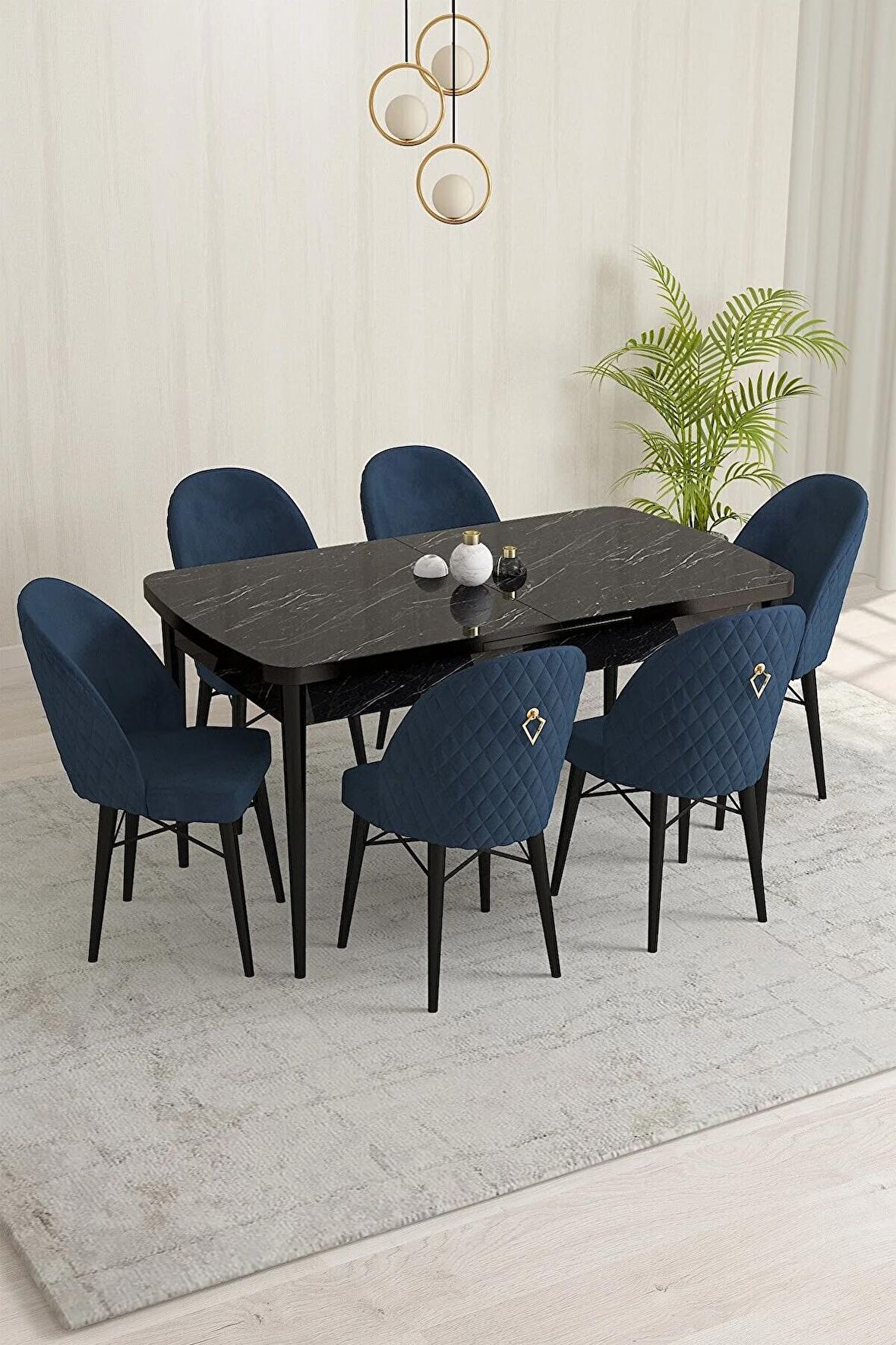 Rovena Marsilya Siyah Mermer 80x132 Açılabilir Mdf Mutfak Masası Takımı 6 Adet Sandalye