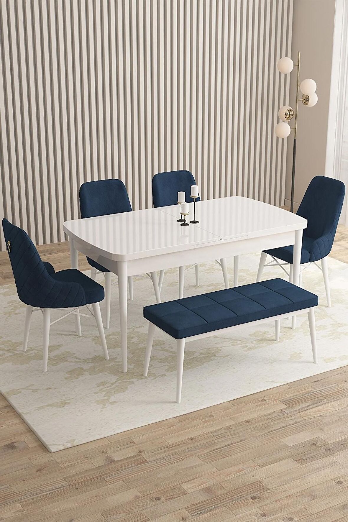Rovena Flora Beyaz 80x132 Açılabilir Mdf Yemek Odası Takımı 4 Adet Sandalye+1 Bench