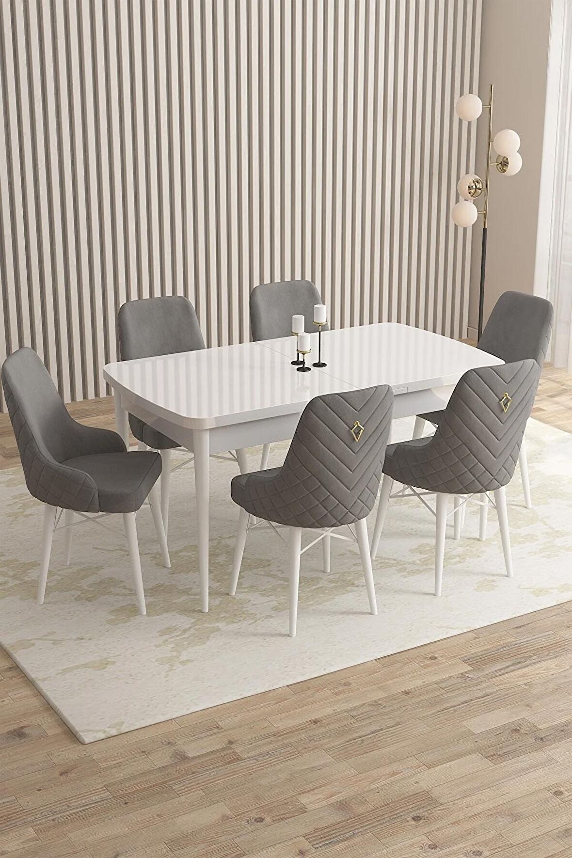 Rovena Flora Beyaz 80x132 Açılabilir Mdf Yemek Odası Takımı 6 Adet Sandalye