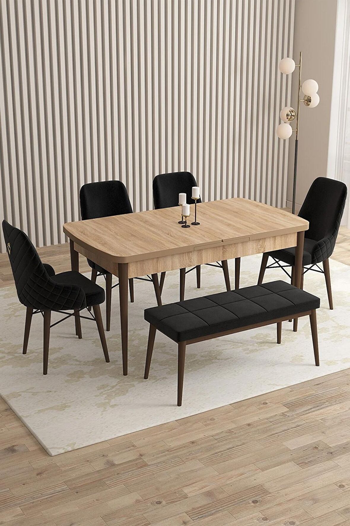 Rovena Flora Meşe 80x132 Açılabilir Mdf Yemek Odası Takımı 4 Adet Sandalye+1 Bench