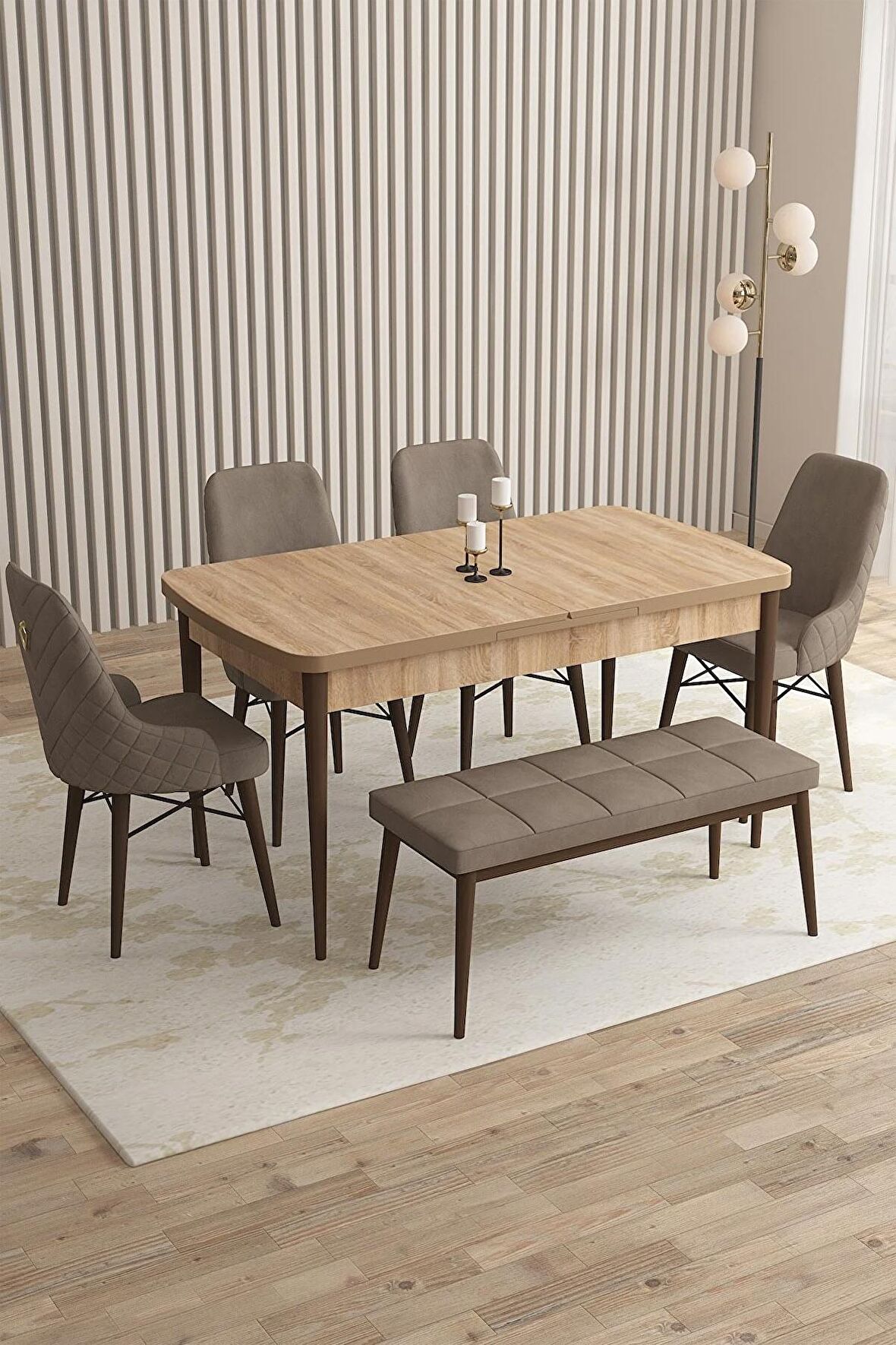 Rovena Flora Meşe 80x132 Açılabilir Mdf Yemek Odası Takımı 4 Adet Sandalye+1 Bench
