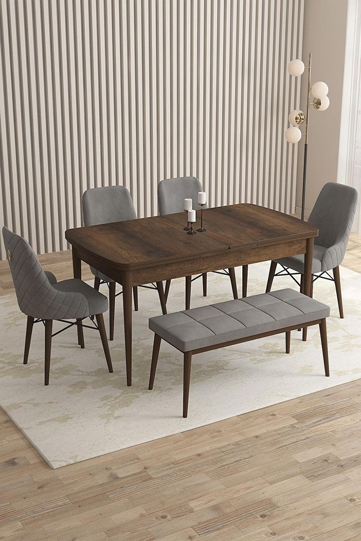 Rovena Flora Barok 80x132 Açılabilir Mdf Yemek Odası Takımı 4 Adet Sandalye+1 Bench