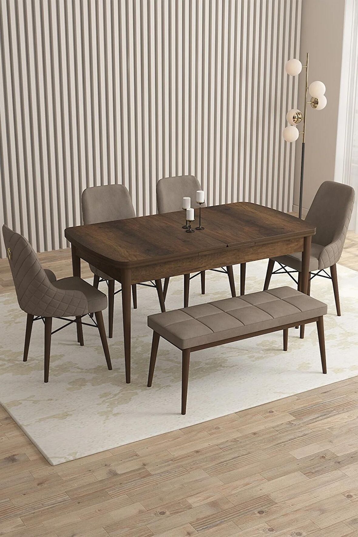 Rovena Flora Barok 80x132 Açılabilir Mdf Yemek Odası Takımı 4 Adet Sandalye+1 Bench