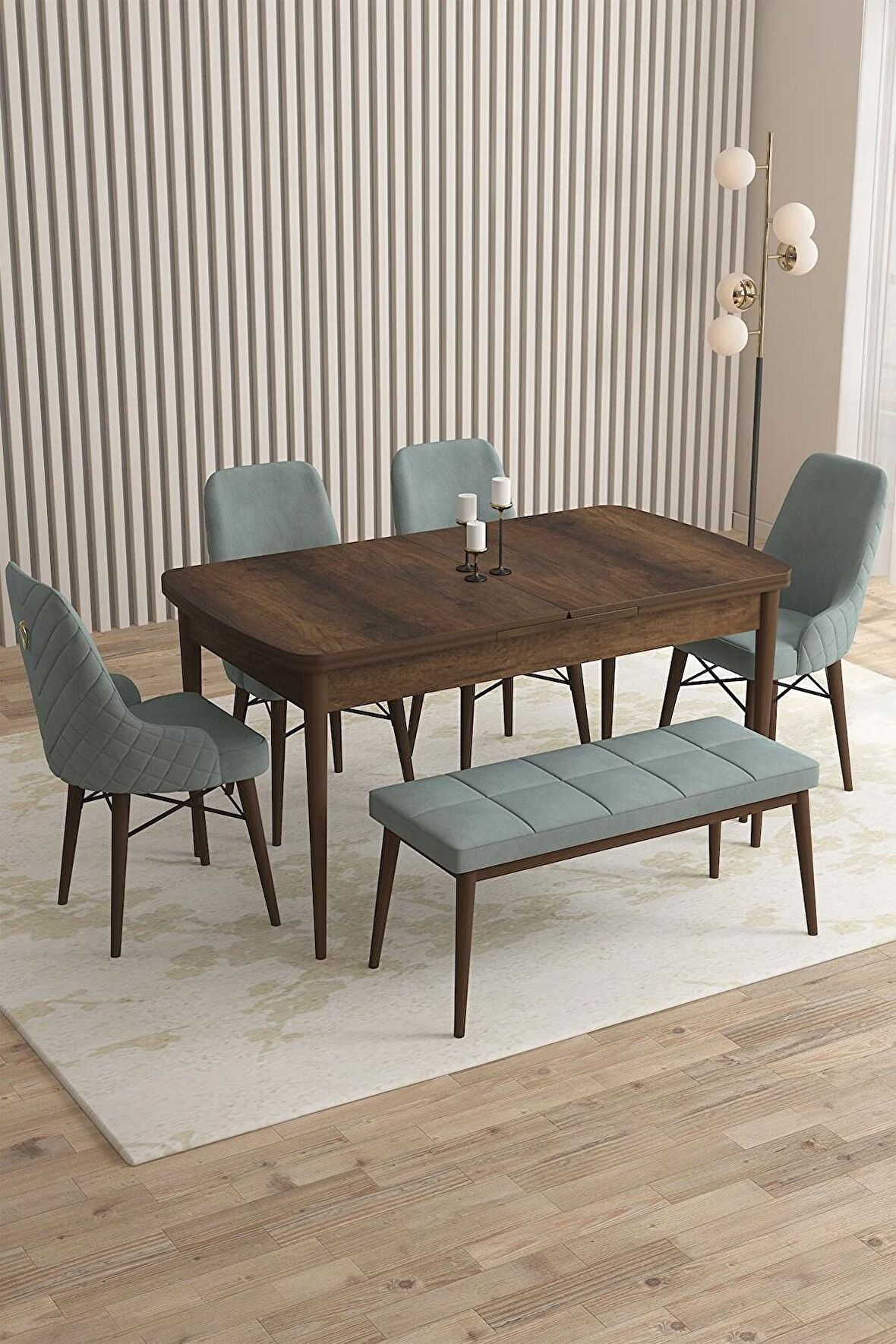 Rovena Flora Barok 80x132 Açılabilir Mdf Yemek Odası Takımı 4 Adet Sandalye+1 Bench