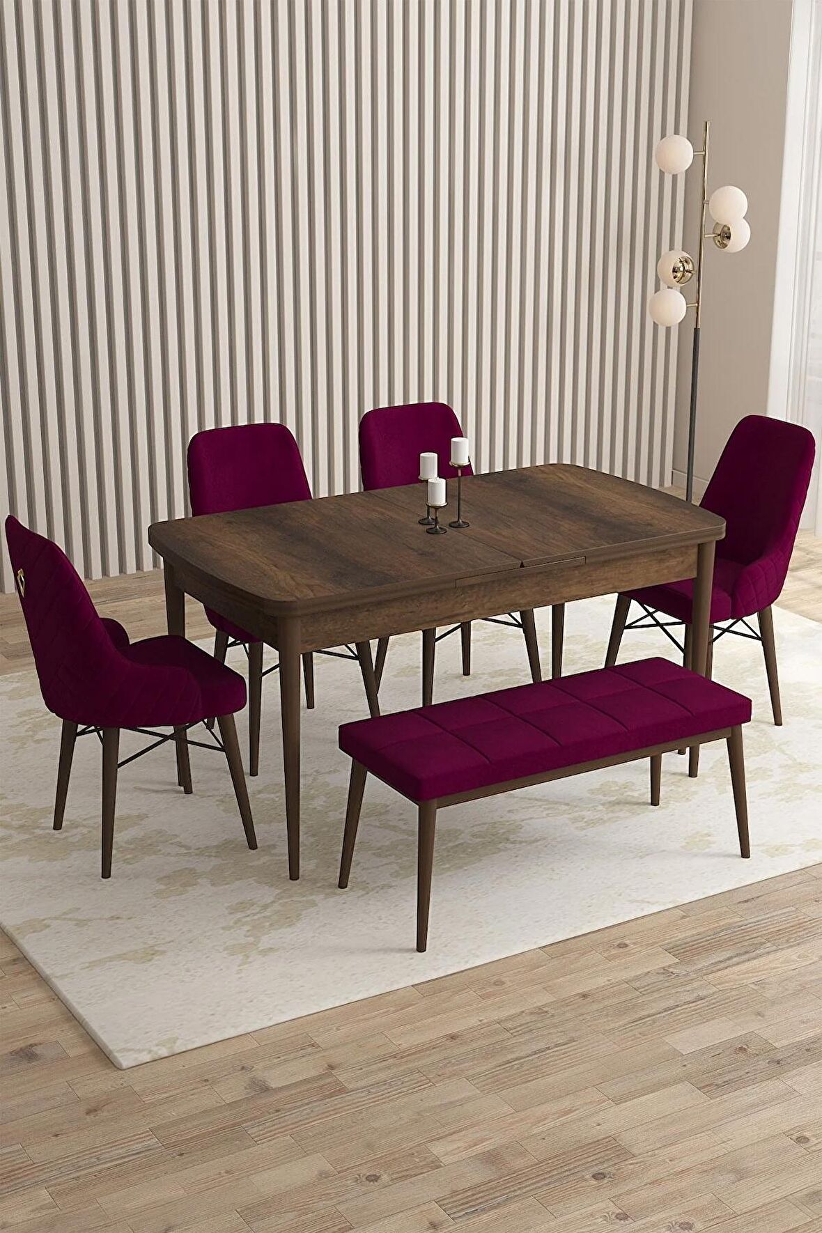 Rovena Flora Barok 80x132 Açılabilir Mdf Yemek Odası Takımı 4 Adet Sandalye+1 Bench