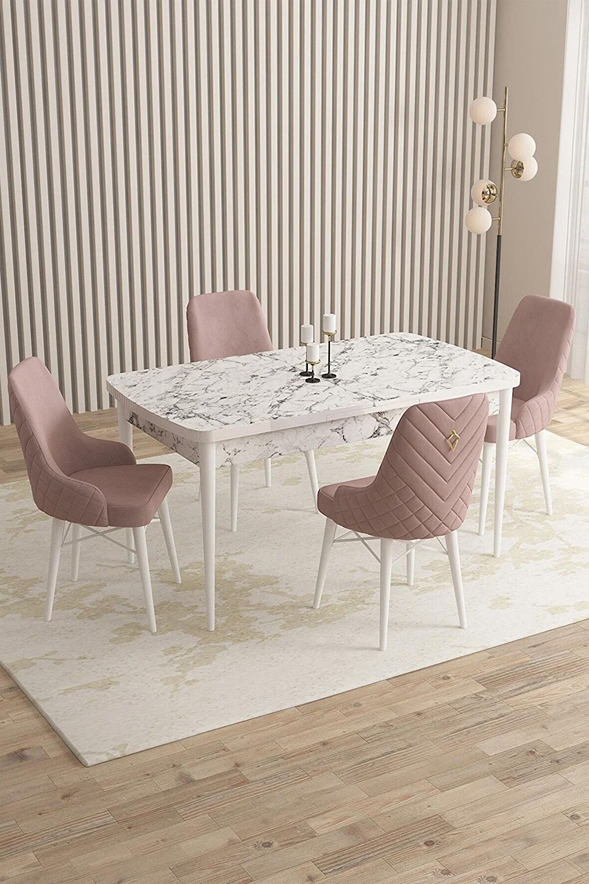 Rovena Flora Beyaz Mermer 80x132 Açılabilir Mdf Yemek Odası Takımı 4 Adet Sandalye