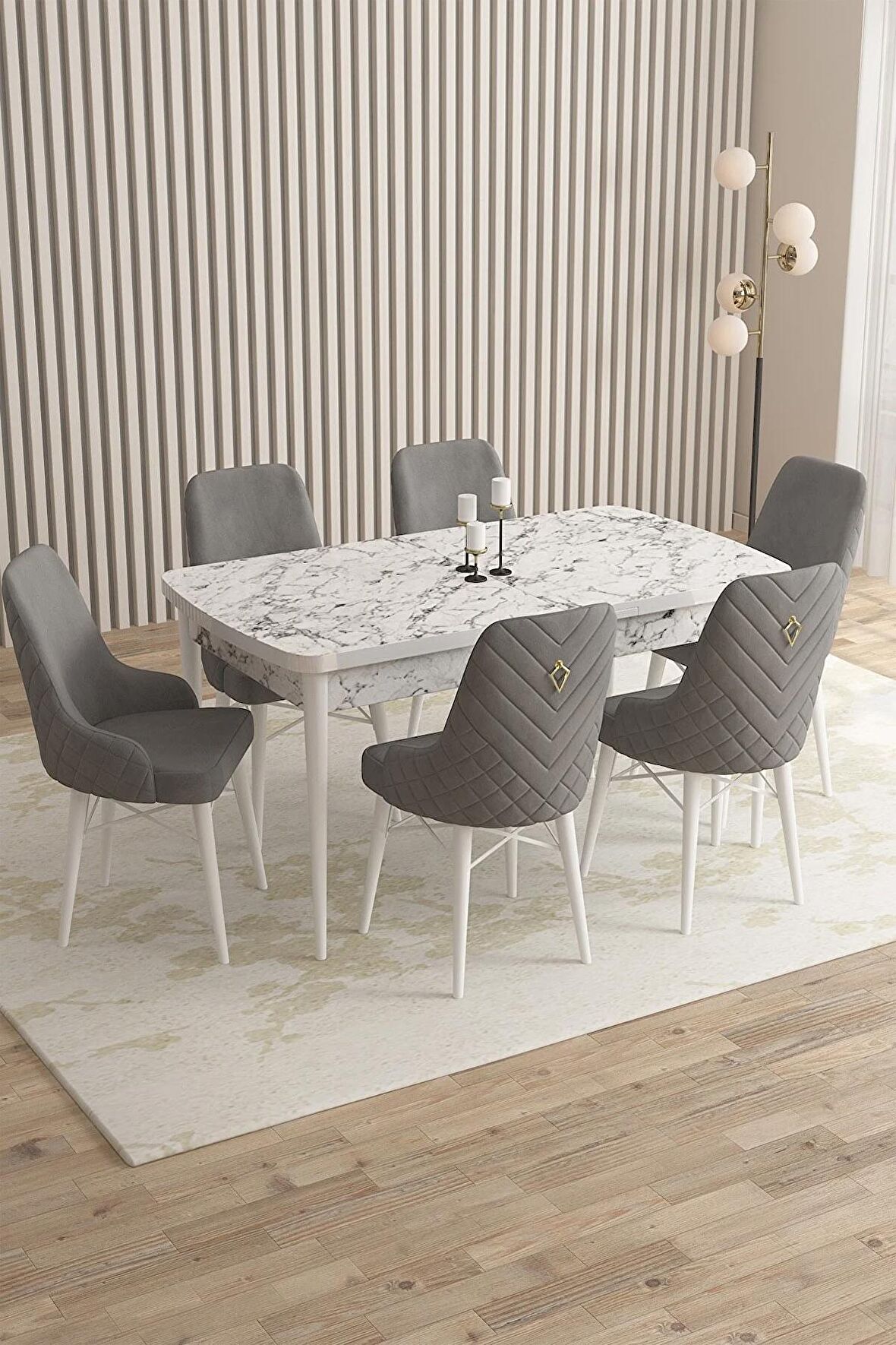 Rovena Flora Beyaz Mermer 80x132 Açılabilir Mdf Yemek Odası Takımı 6 Adet Sandalye