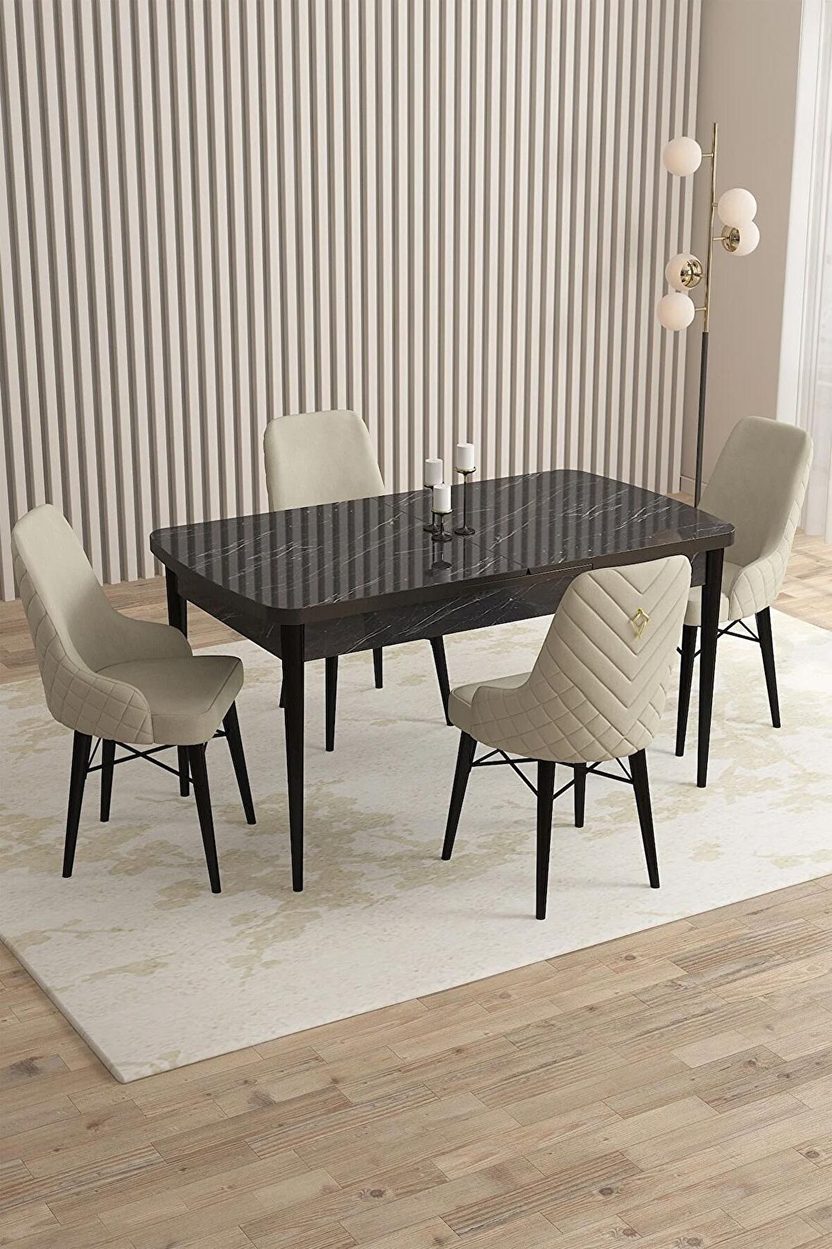 Rovena Flora Siyah Mermer 80x132 Açılabilir Mdf Yemek Odası Takımı 4 Adet Sandalye