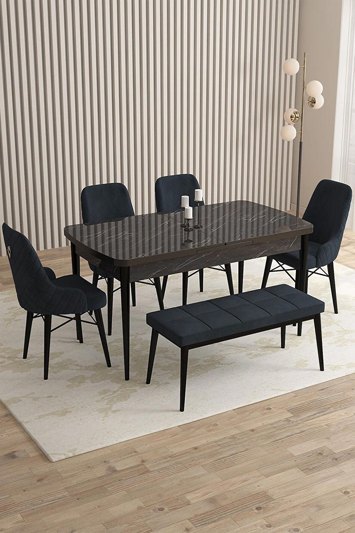 Rovena Flora Siyah Mermer 80x132 Açılabilir Mdf Yemek Odası Takımı 4 Adet Sandalye+1 Bench