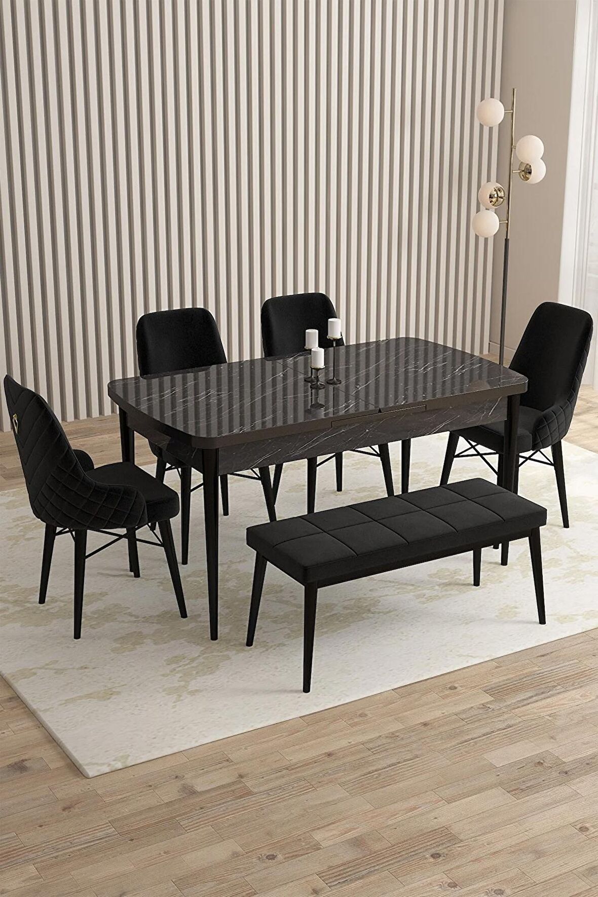 Rovena Flora Siyah Mermer 80x132 Açılabilir Mdf Yemek Odası Takımı 4 Adet Sandalye+1 Bench