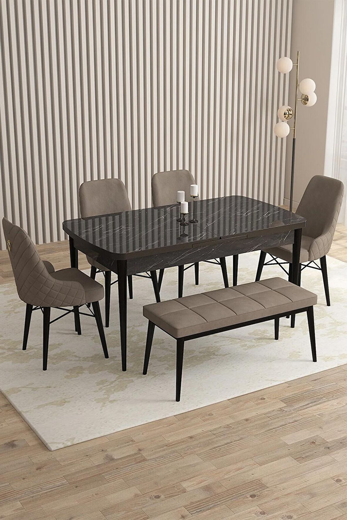 Rovena Flora Siyah Mermer 80x132 Açılabilir Mdf Yemek Odası Takımı 4 Adet Sandalye+1 Bench