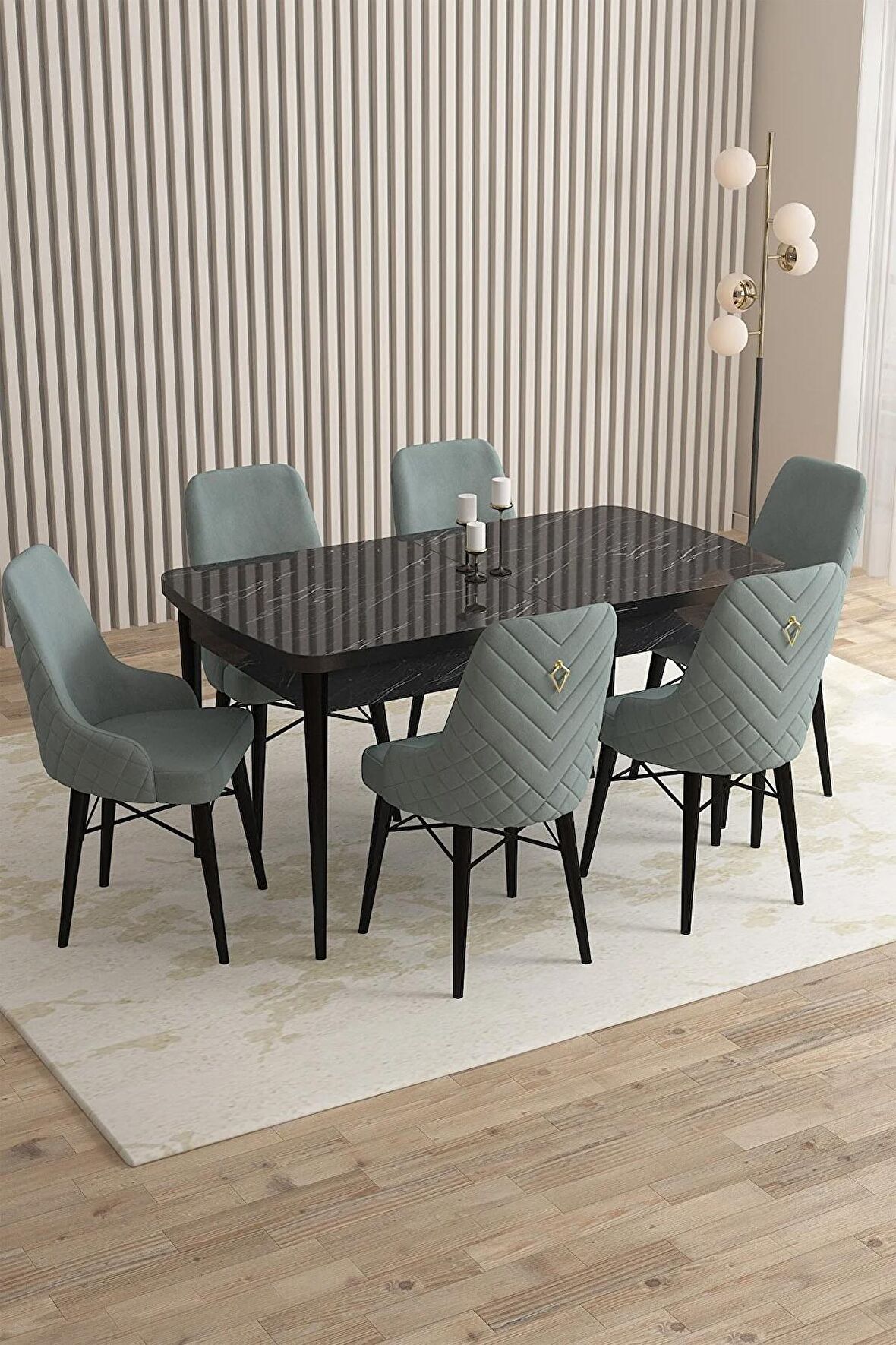 Rovena Flora Siyah Mermer 80x132 Açılabilir Mdf Yemek Odası Takımı 6 Adet Sandalye