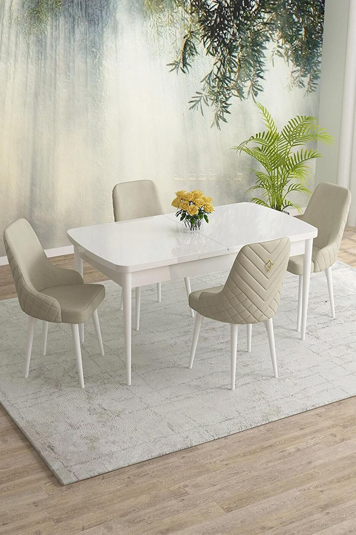 Rovena Eylül Beyaz 80x132 Açılabilir Mdf Yemek Odası Takımı 4 Adet Sandalye