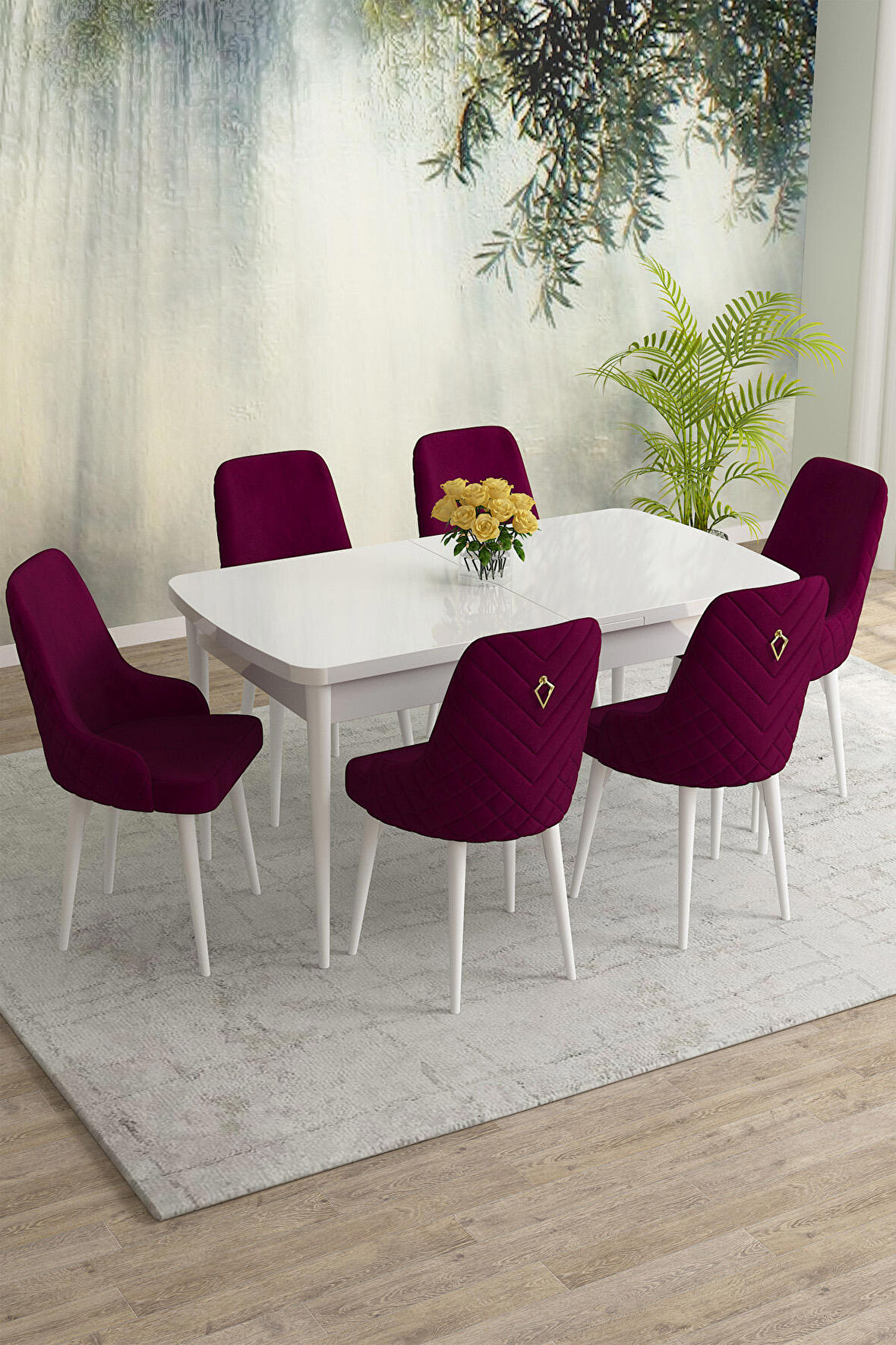 Rovena Eylül Beyaz 80x132 Açılabilir Mdf Yemek Odası Takımı 6 Adet Sandalye