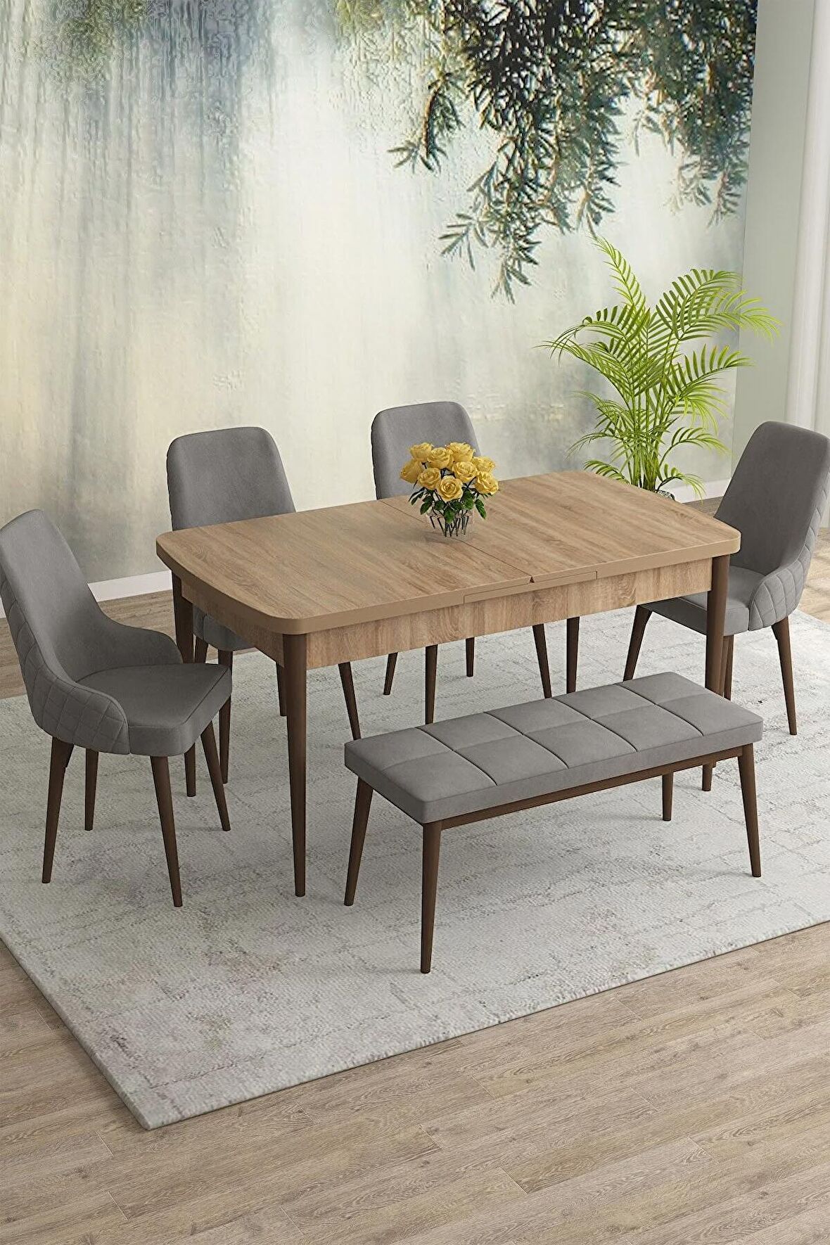Rovena Eylül Meşe 80x132 Açılabilir Mdf Yemek Odası Takımı 4 Adet Sandalye+1 Bench