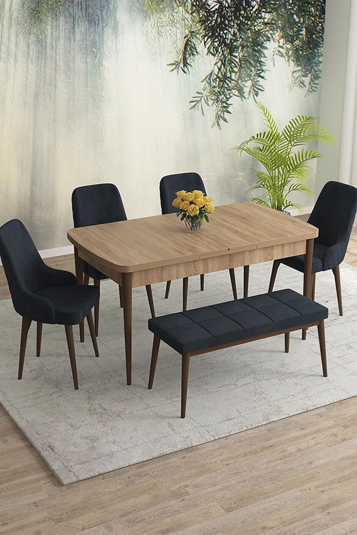 Rovena Eylül Meşe 80x132 Açılabilir Mdf Yemek Odası Takımı 4 Adet Sandalye+1 Bench