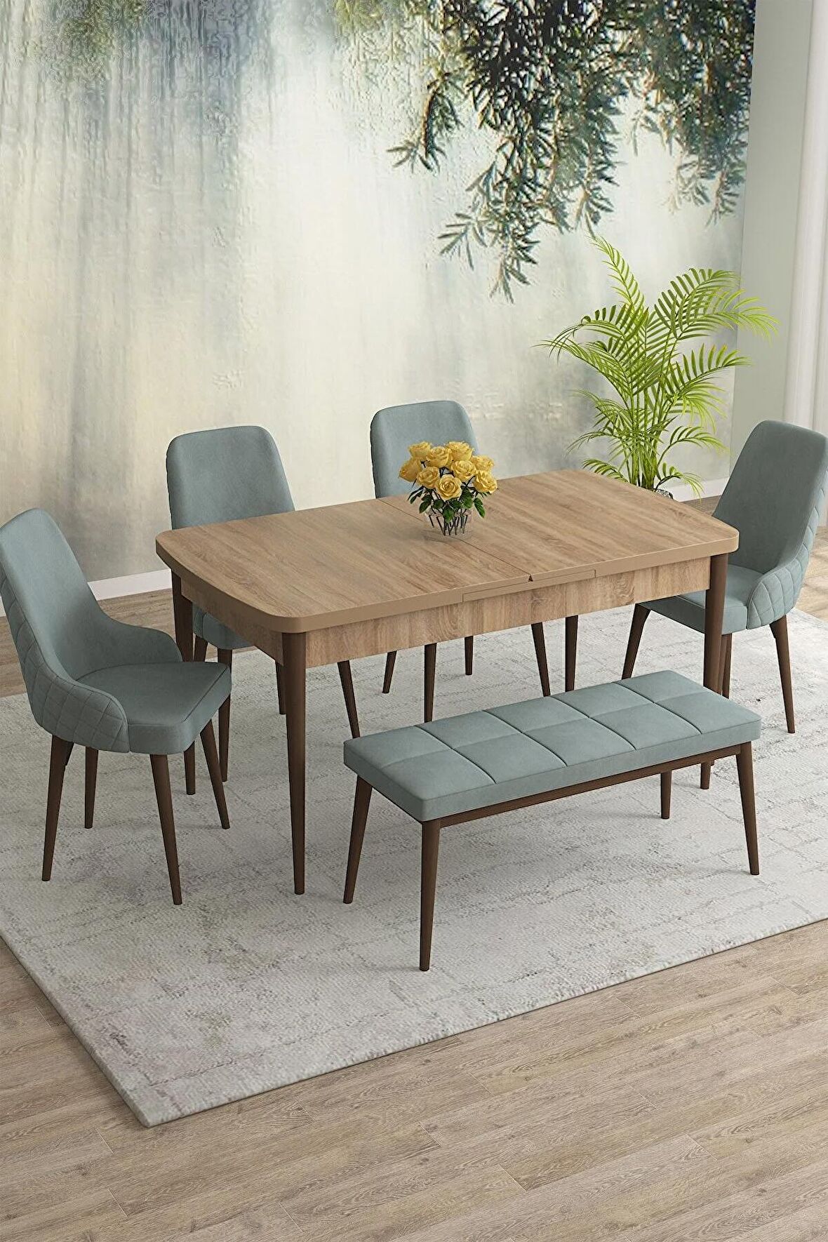 Rovena Eylül Meşe 80x132 Açılabilir Mdf Yemek Odası Takımı 4 Adet Sandalye+1 Bench