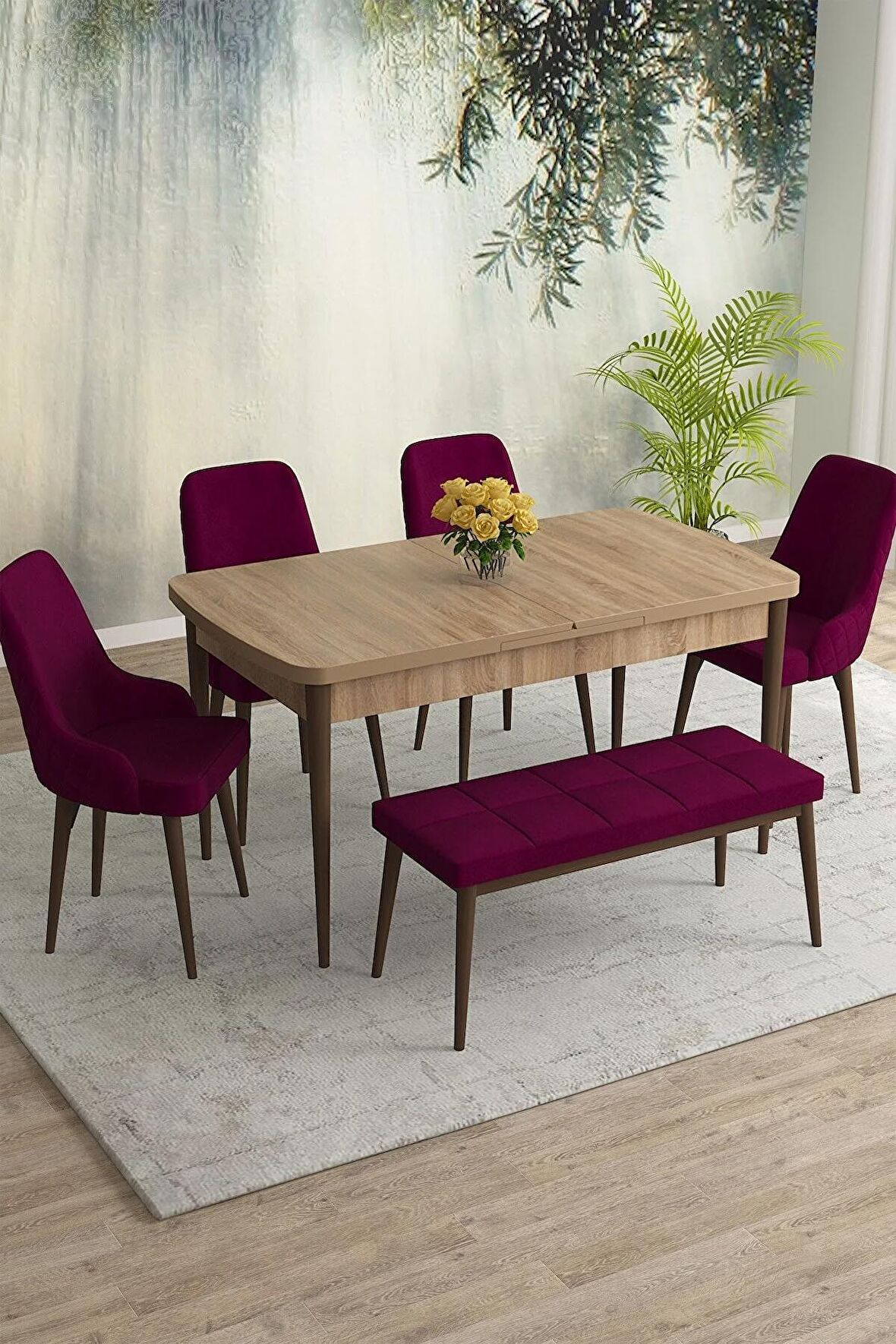 Rovena Eylül Meşe 80x132 Açılabilir Mdf Yemek Odası Takımı 4 Adet Sandalye+1 Bench