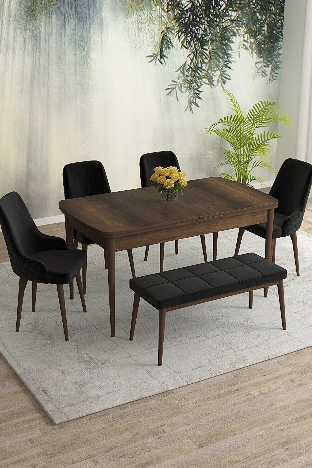 Rovena Eylül Barok 80x132 Açılabilir Mdf Yemek Odası Takımı 4 Adet Sandalye+1 Bench