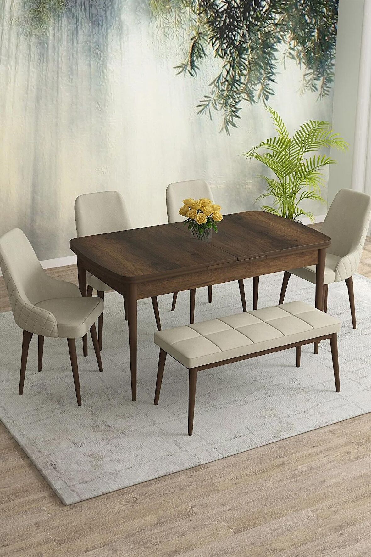 Rovena Eylül Barok 80x132 Açılabilir Mdf Yemek Odası Takımı 4 Adet Sandalye+1 Bench