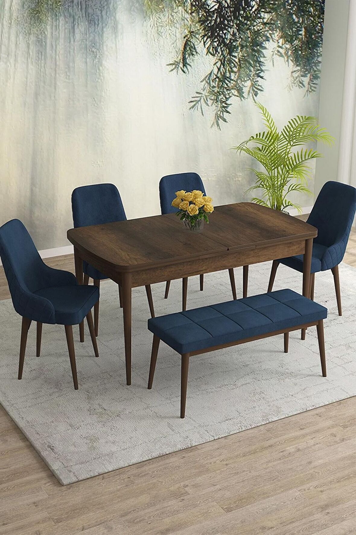 Rovena Eylül Barok 80x132 Açılabilir Mdf Yemek Odası Takımı 4 Adet Sandalye+1 Bench