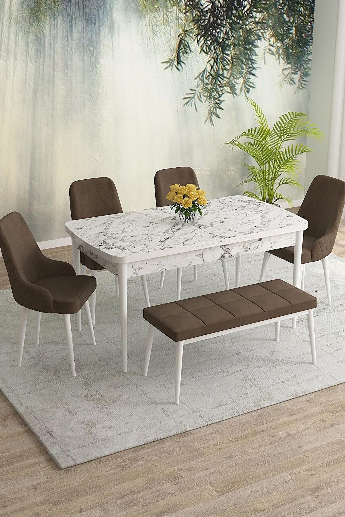 Rovena Eylül Beyaz Mermer 80x132 Açılabilir Mdf Yemek Odası Takımı 4 Adet Sandalye+1 Bench
