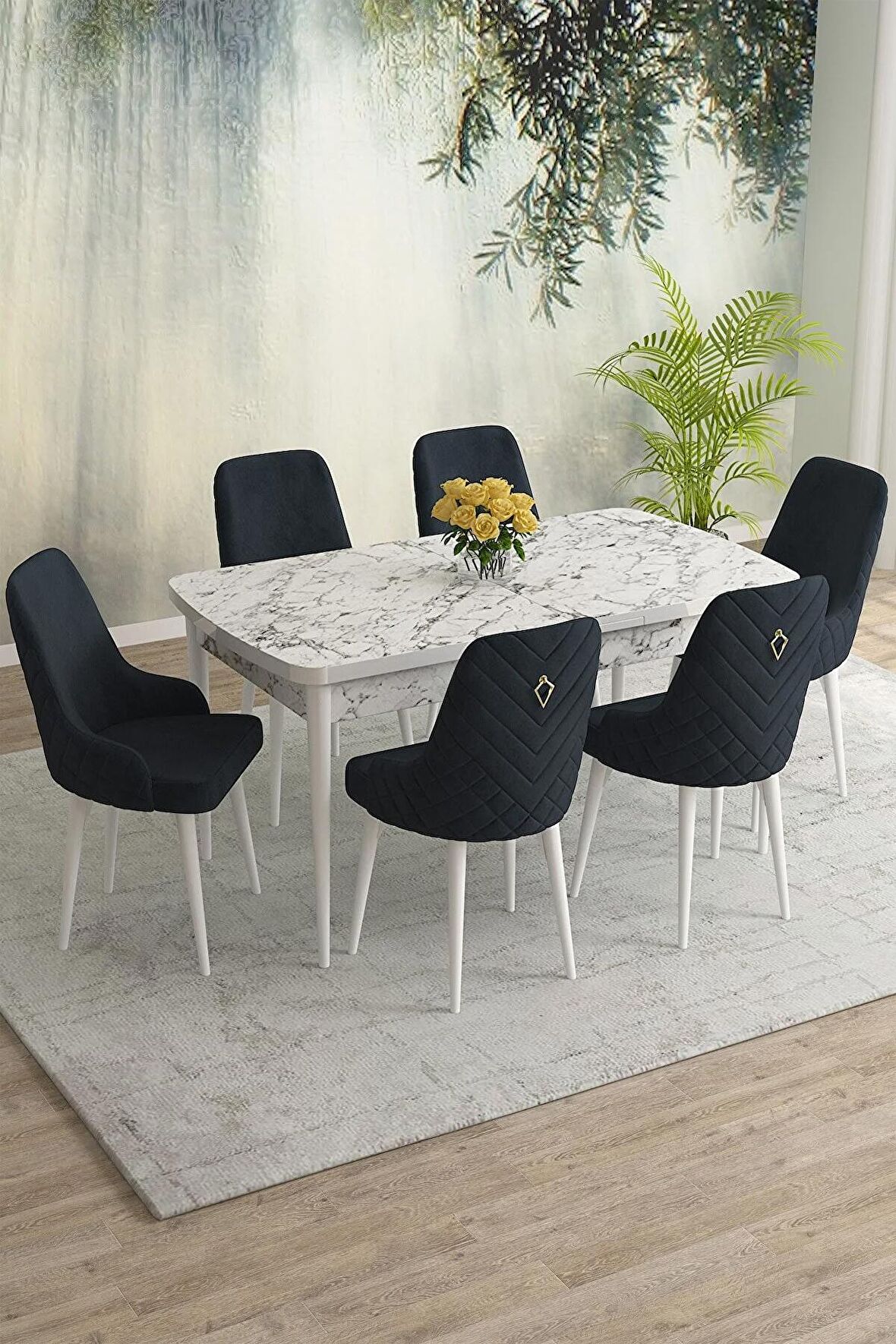 Rovena Eylül Beyaz Mermer 80x132 Açılabilir Mdf Yemek Odası Takımı 6 Adet Sandalye