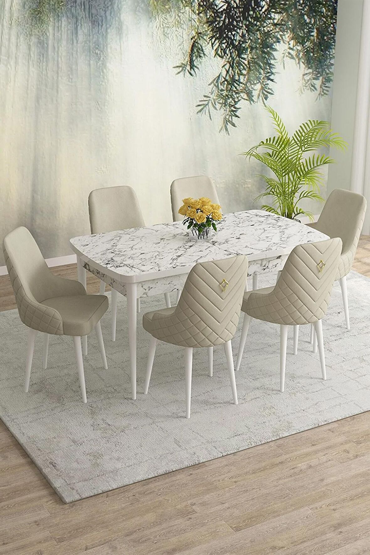 Rovena Eylül Beyaz Mermer 80x132 Açılabilir Mdf Yemek Odası Takımı 6 Adet Sandalye