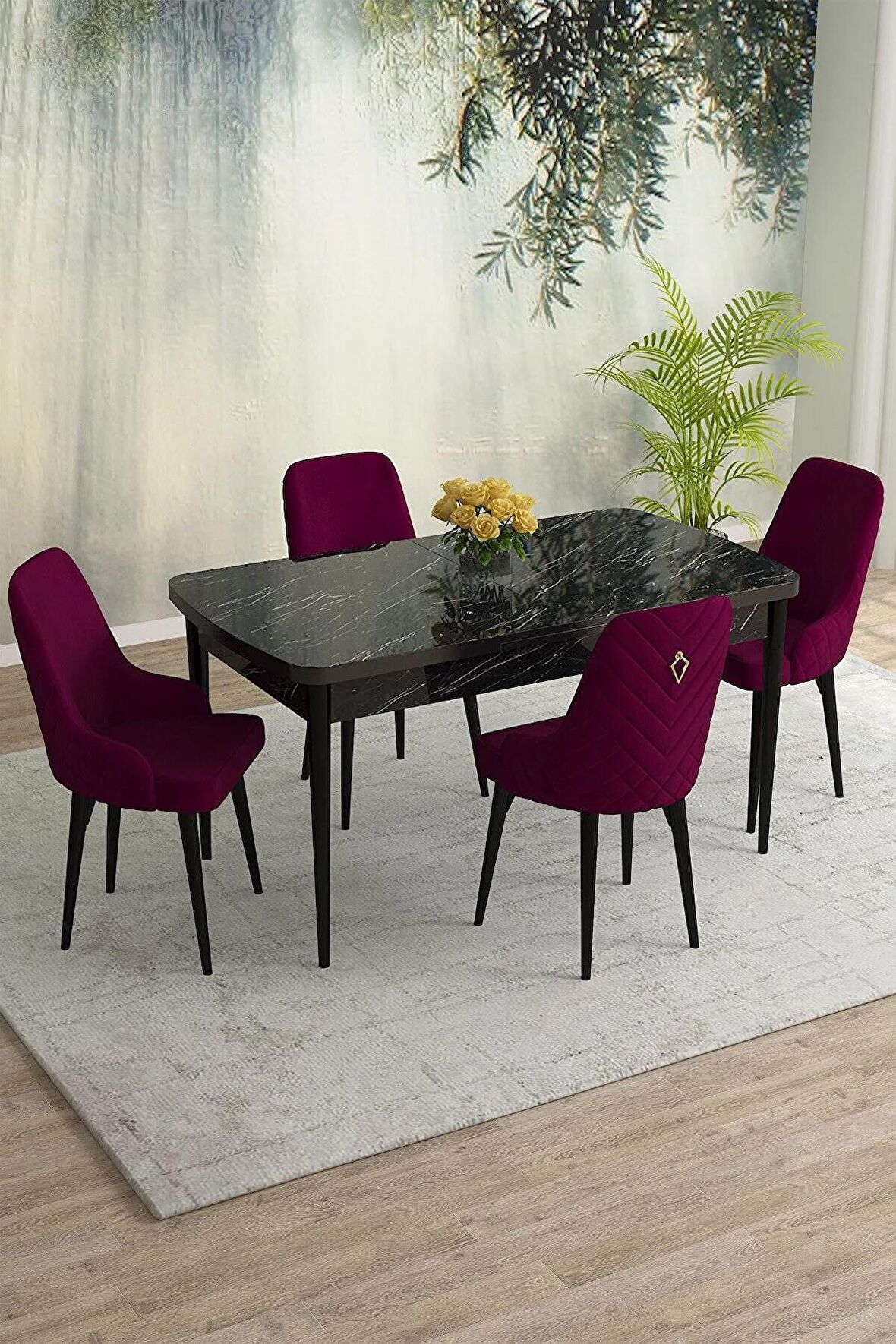 Rovena Eylül Siyah Mermer 80x132 Açılabilir Mdf Yemek Odası Takımı 4 Adet Sandalye