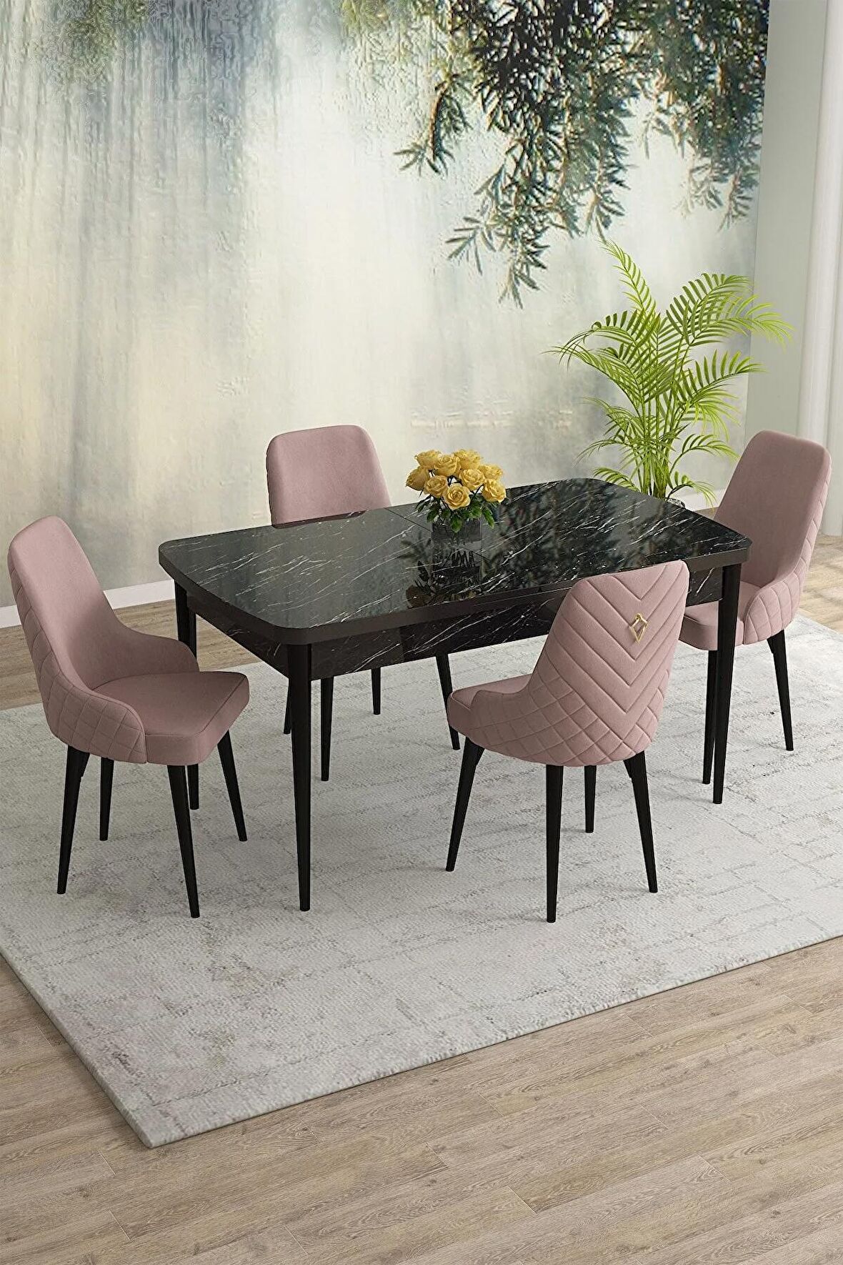 Rovena Eylül Siyah Mermer 80x132 Açılabilir Mdf Yemek Odası Takımı 4 Adet Sandalye