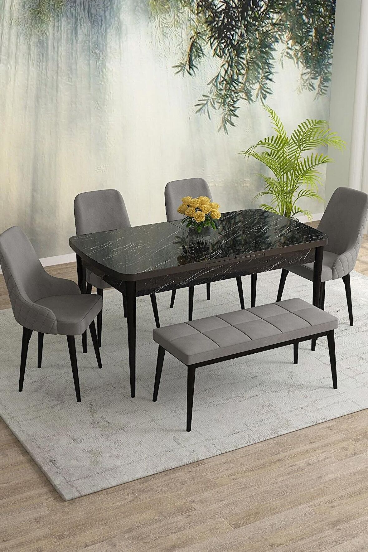 Rovena Eylül Siyah Mermer 80x132 Açılabilir Mdf Yemek Odası Takımı 4 Adet Sandalye+1 Bench