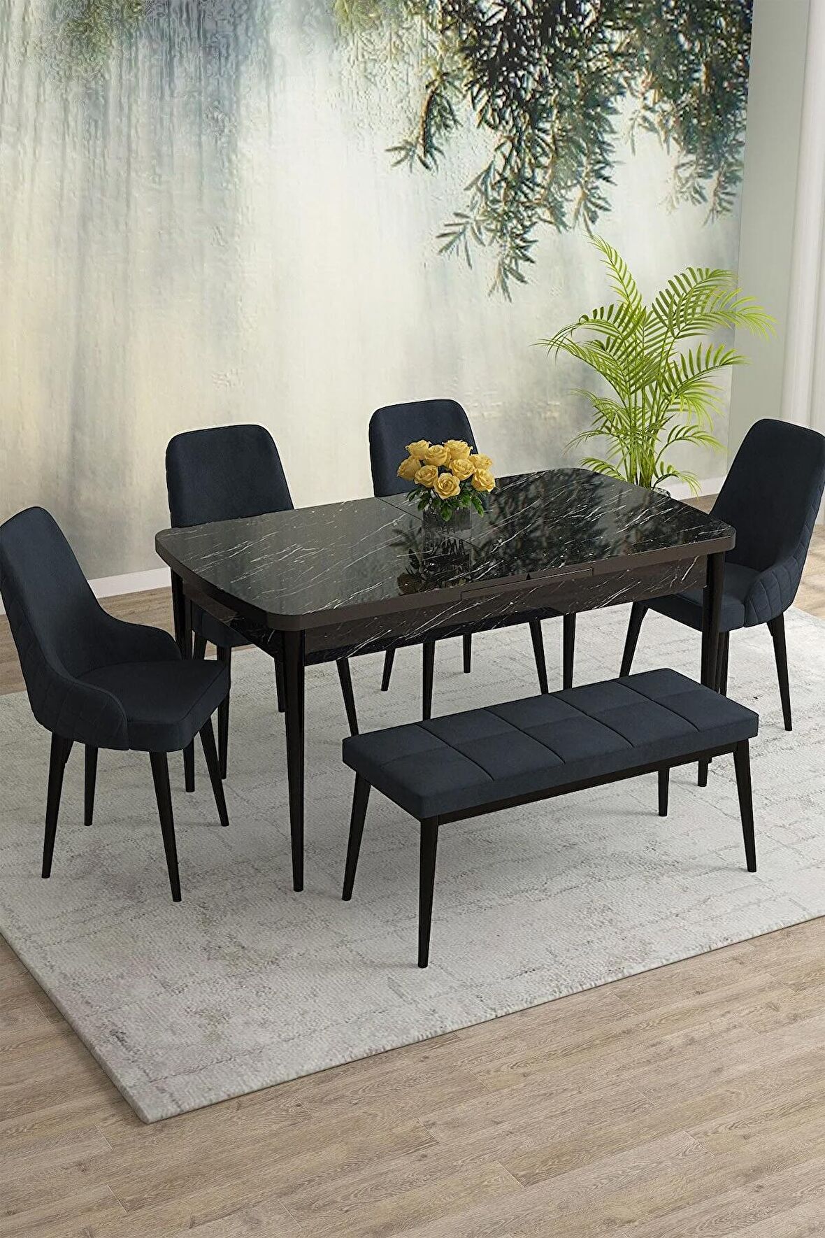 Rovena Eylül Siyah Mermer 80x132 Açılabilir Mdf Yemek Odası Takımı 4 Adet Sandalye+1 Bench