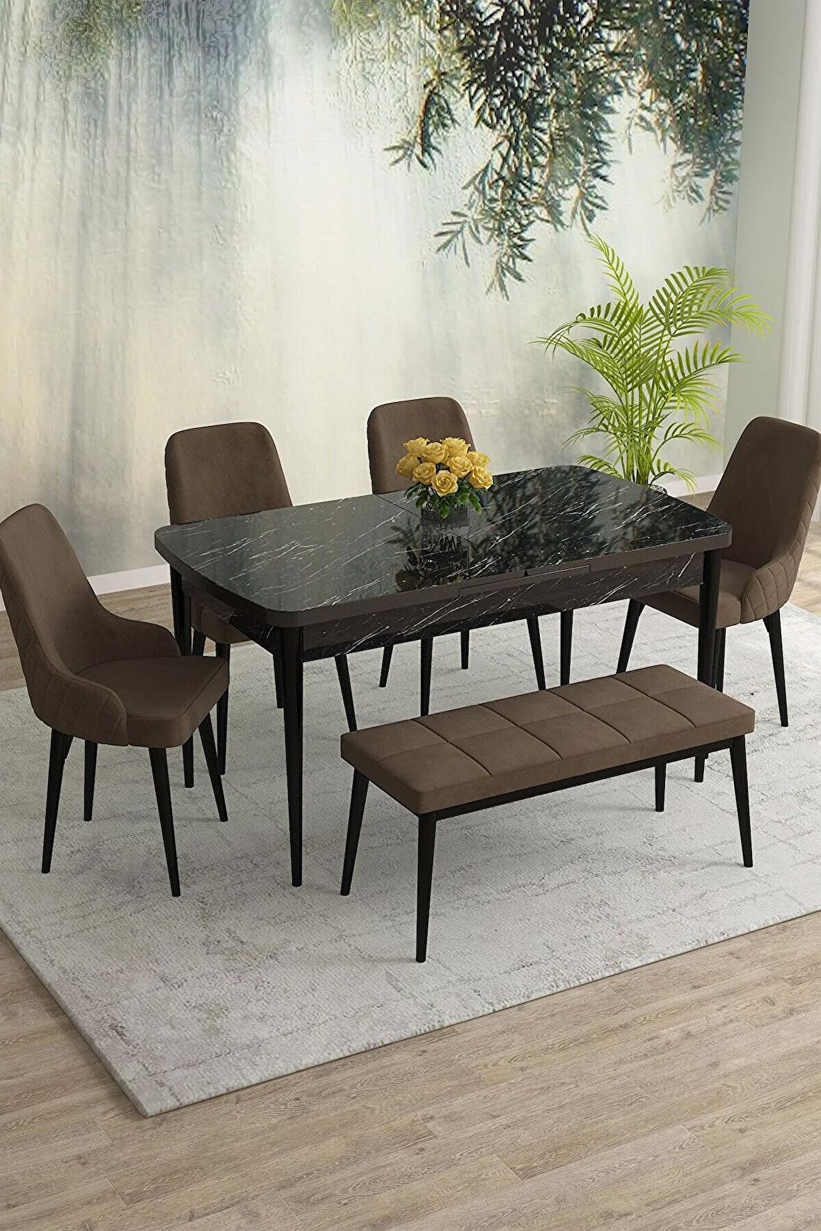 Rovena Eylül Siyah Mermer 80x132 Açılabilir Mdf Yemek Odası Takımı 4 Adet Sandalye+1 Bench