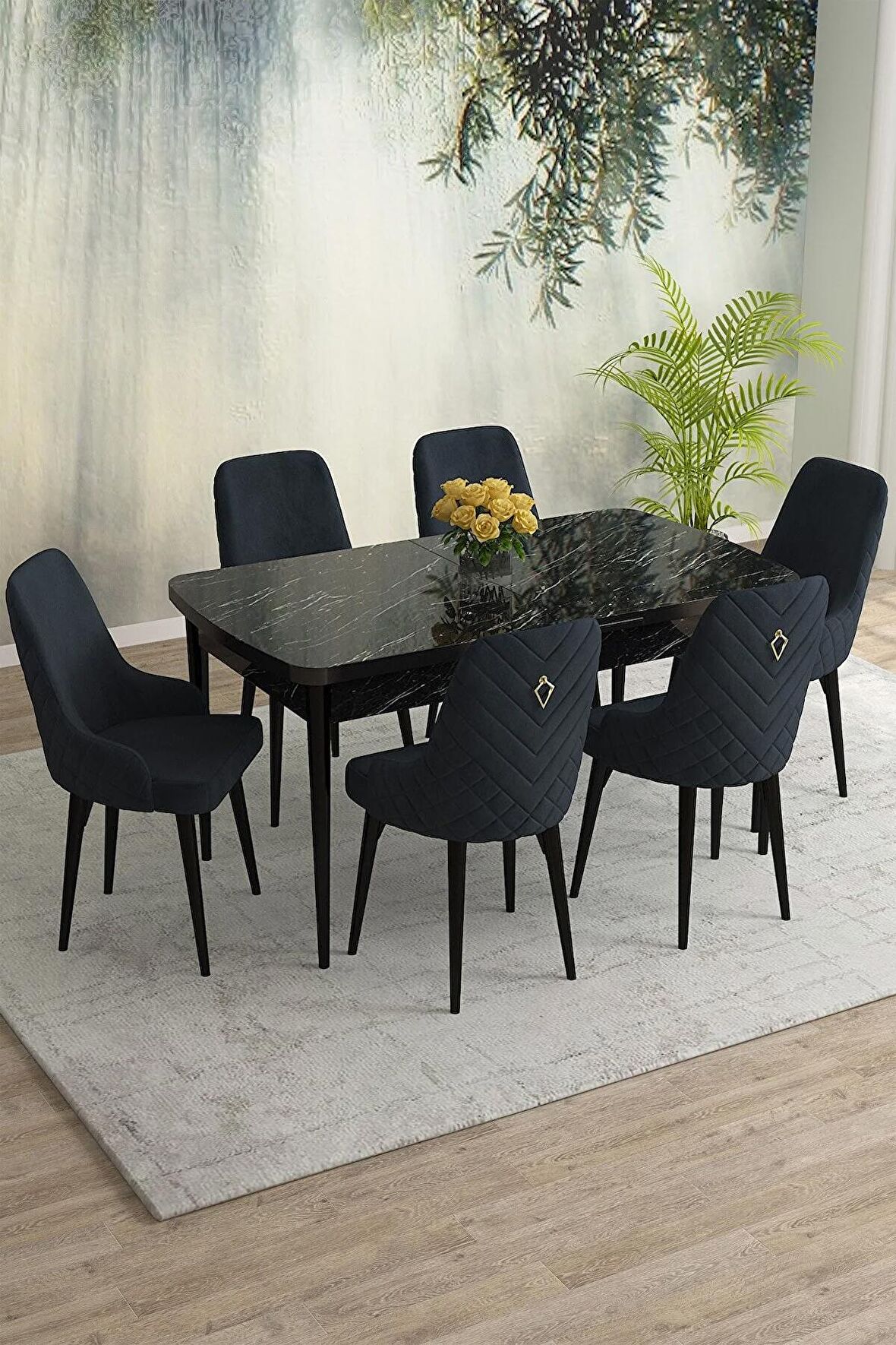 Rovena Eylül Siyah Mermer 80x132 Açılabilir Mdf Yemek Odası Takımı 6 Adet Sandalye