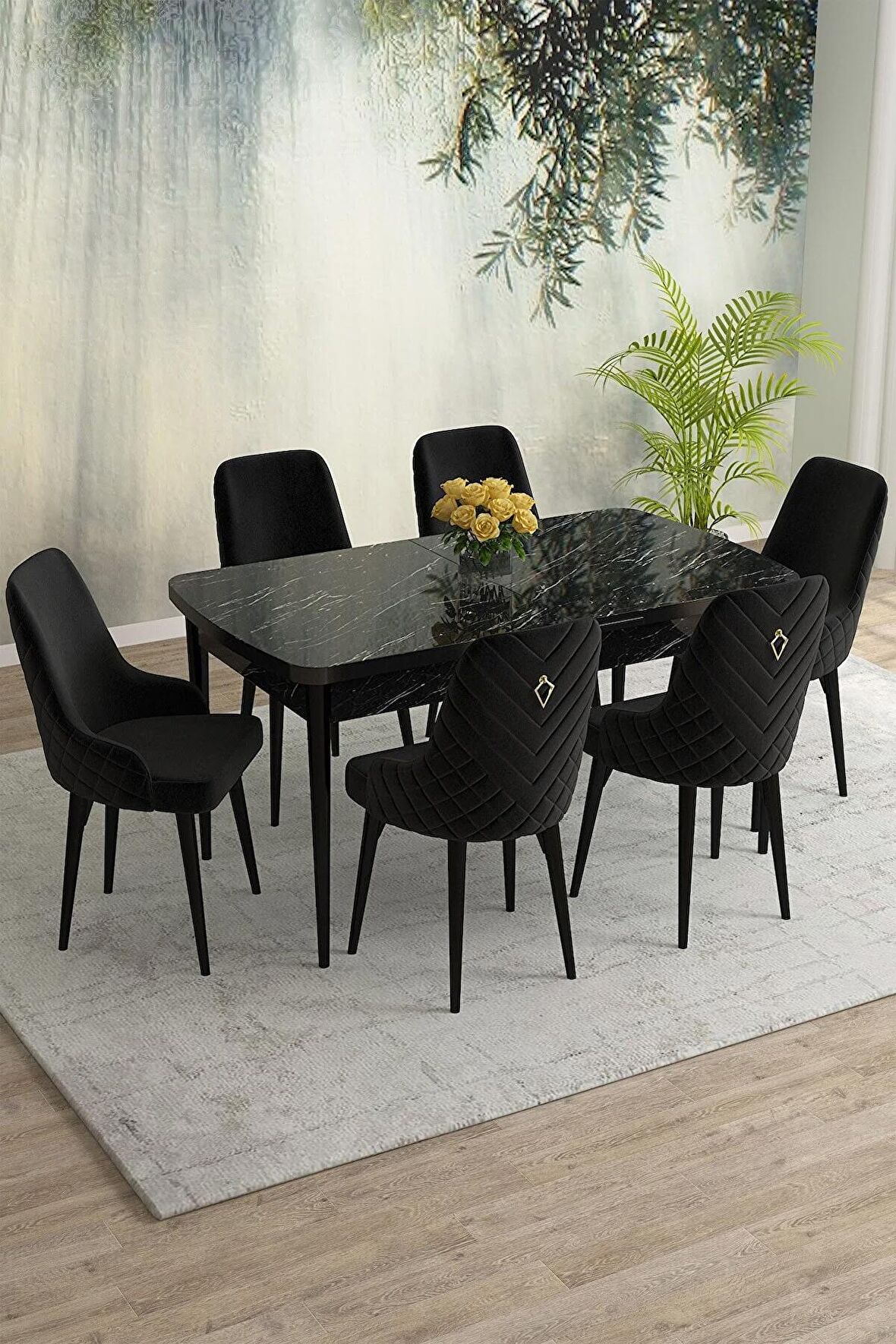 Rovena Eylül Siyah Mermer 80x132 Açılabilir Mdf Yemek Odası Takımı 6 Adet Sandalye
